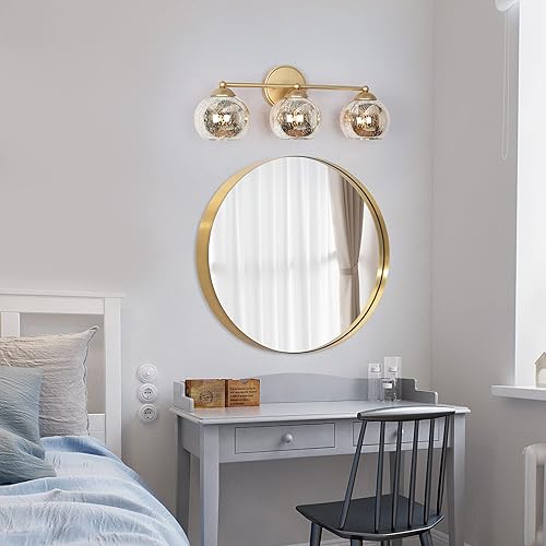 Miniatura 5 de ZEVNI Lámpara de tocador de baño dorada, modernas luces de baño de 3 luces sobre espejo con globos de vidrio de mercurio, 21 x 7 x 8 pulgadas