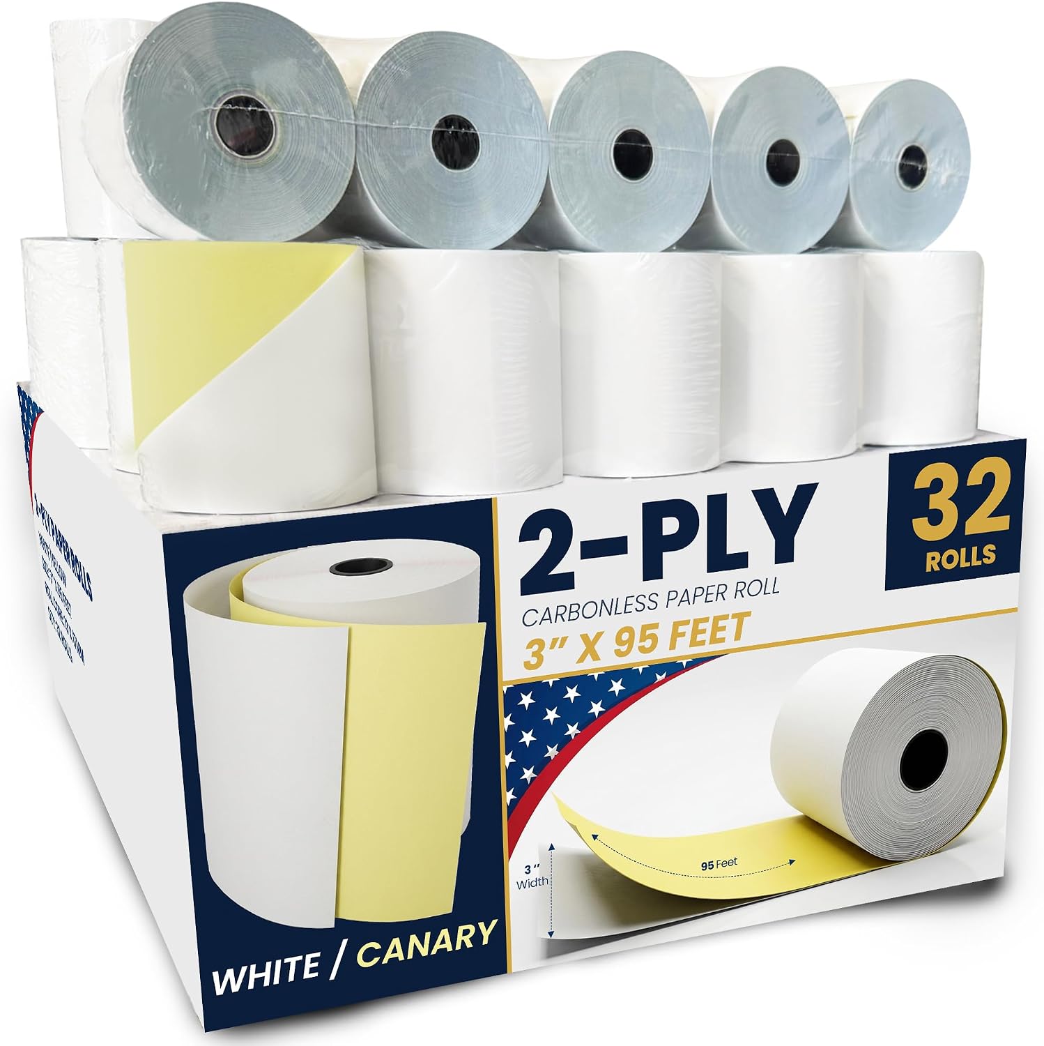 Kitchen Printer Paper Receipt Rolls (Size:3"x95ft)(32PK) 2 Ply White/Yellow