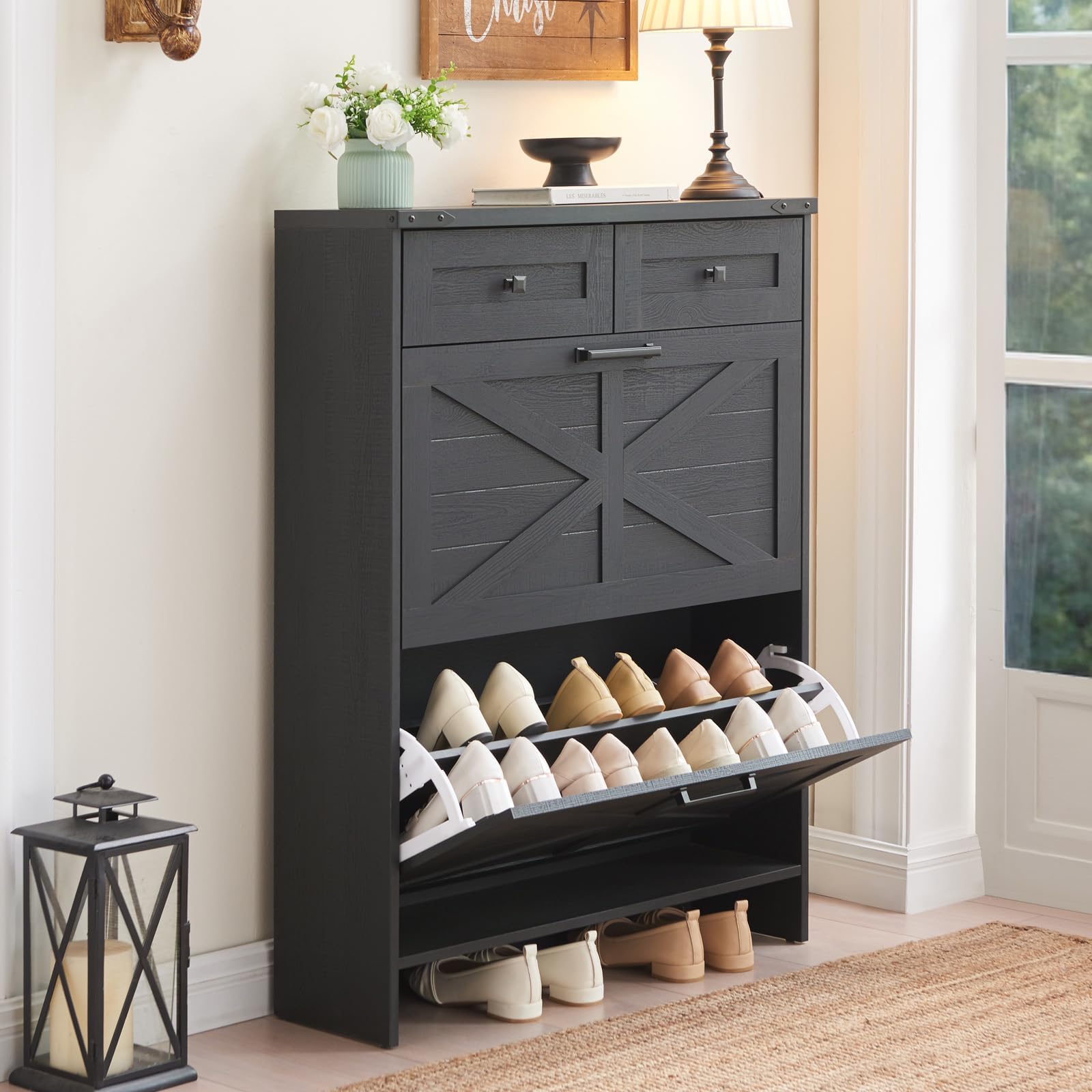 Barnyatoh Shoe Storage Cabinet, Farmhouse Shoe Organizer with 2 Hidden Flip Drawers & 2 Drawers, Narrow Freestanding Shoe Rack Cabinet with Adjustable