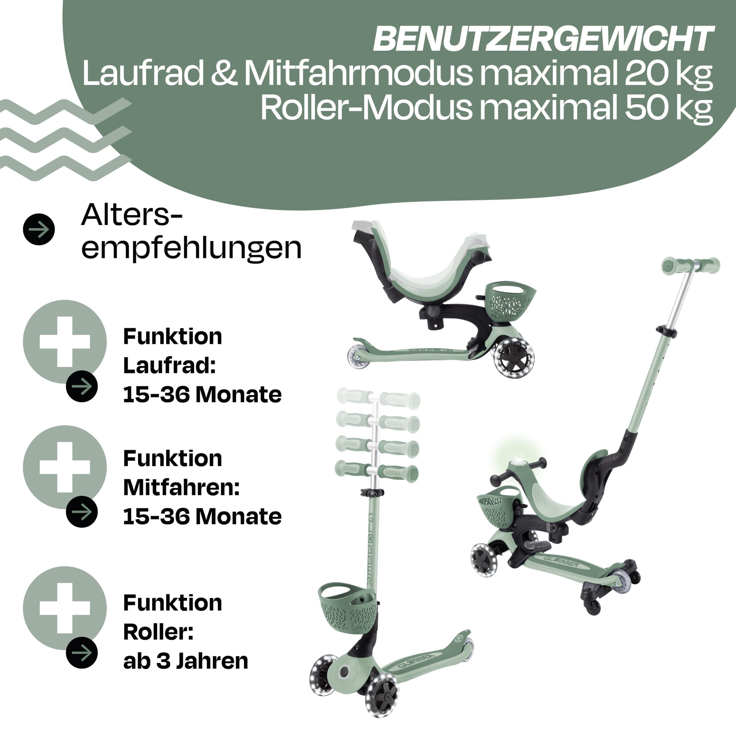 GLOBBER GO-UP Baby Lights 360° – Tretroller, Dreirad und Laufrad für Kinder – höhenverstellbares Kinderfahrzeug – 3rädrig bis 9 Jahre – Bunte LED-Leuchtrollen