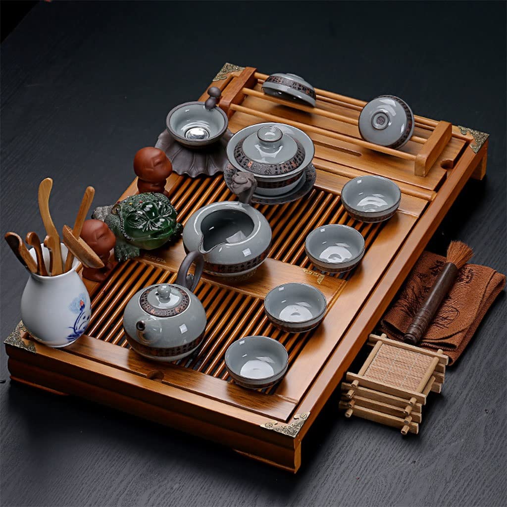 DFGHNBVC Chinese Tea Set Tray,Ceramic Kung Fu Purple Clay Tea Set With Wood Tea Tray,For Gift And Household,Office,Chinese Gongfu Tea Table Serving,B