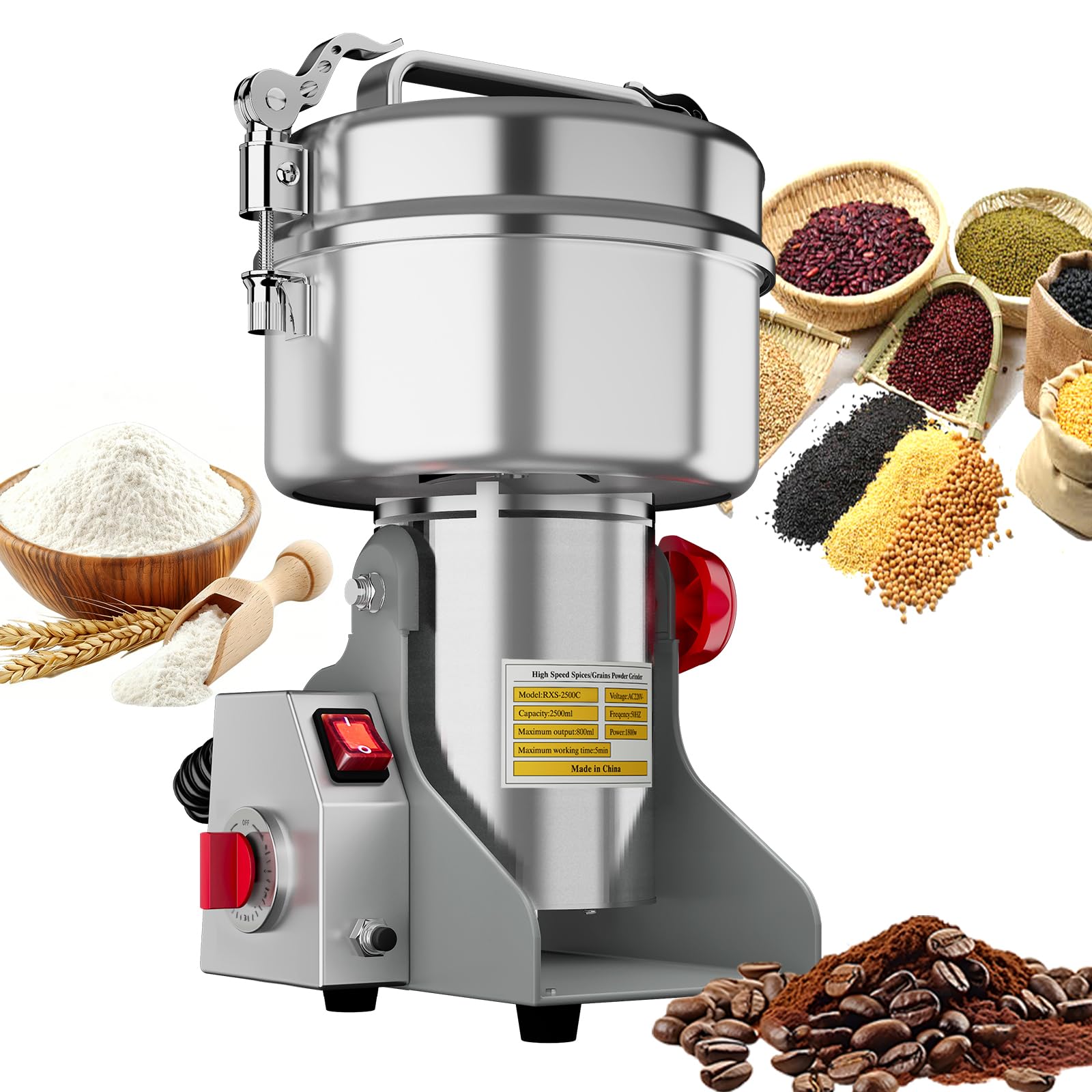 MOOTACO 2500g Electric Grain Grinder,Stainless Steel 25000RPM High Speedy Grain Mill,Commercial Spice Grinding with Overload Protection for Nuts/Cereals/Coffee