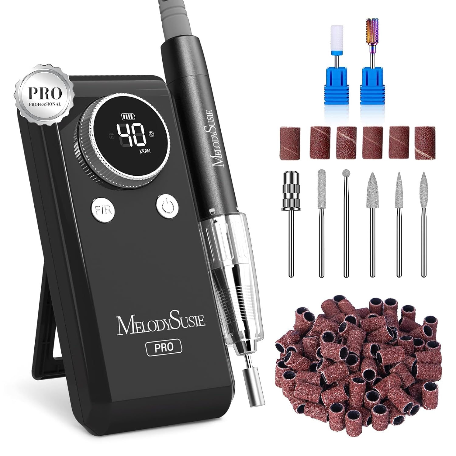 MelodySusie Professional Clip-On Rechargeable Nail Drill with Adjustable Built-in Stand and Premium Motor, MB420G 40000RPM E-File with Max Speed for All Manicure Shaping & Gel Removal for Salon Use