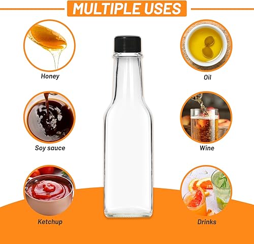 Miniatura 6 de Alotpower Paquete de 35 botellas de salsa picante de 5 onzas, botellas vacías de vidrio transparente con tapas de rosca negras a prueba de fugas,