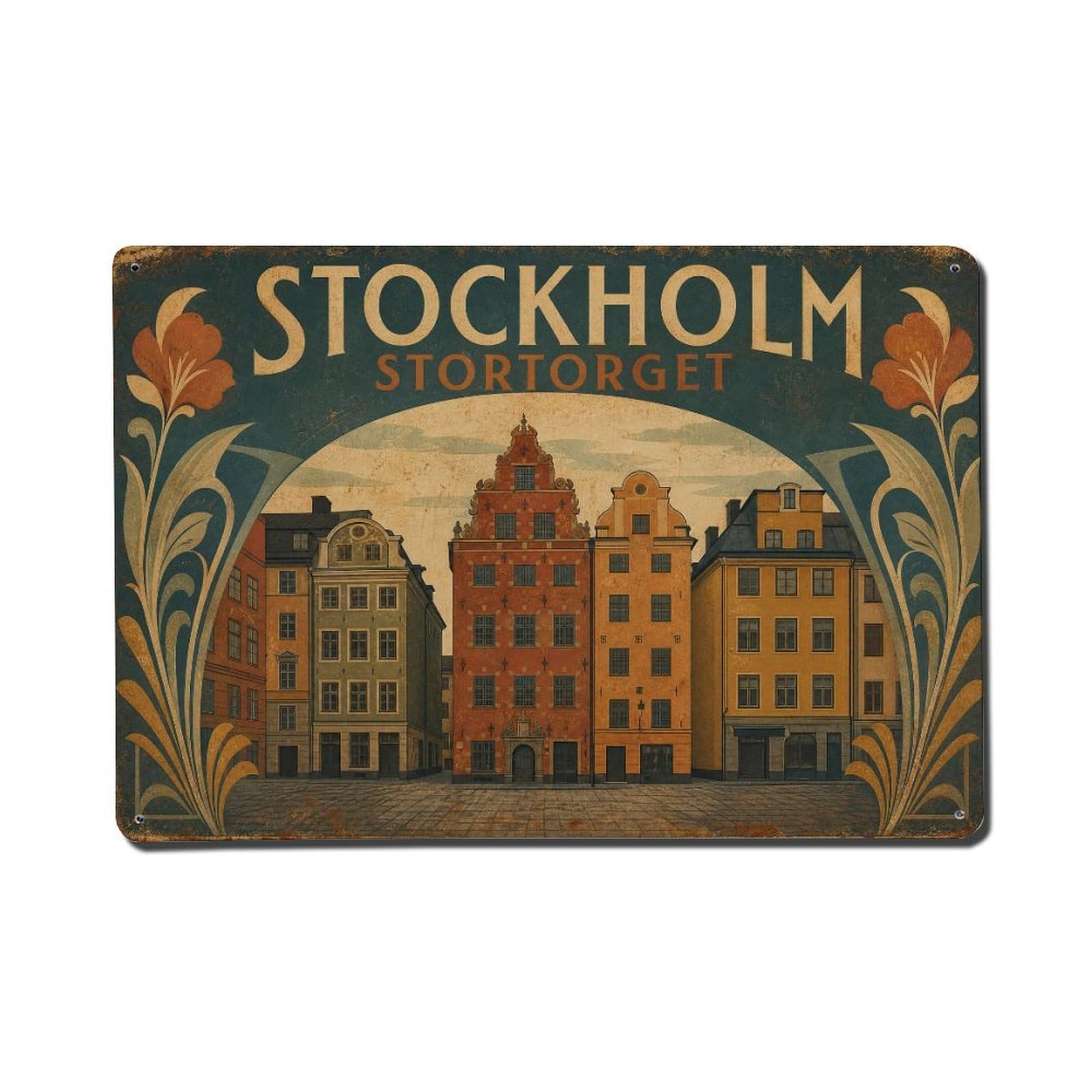 Huiyhb 8X12inch(20X30cm) Vintage Travel Stockholm Stortorget Square Sweden Metal Tin Sign