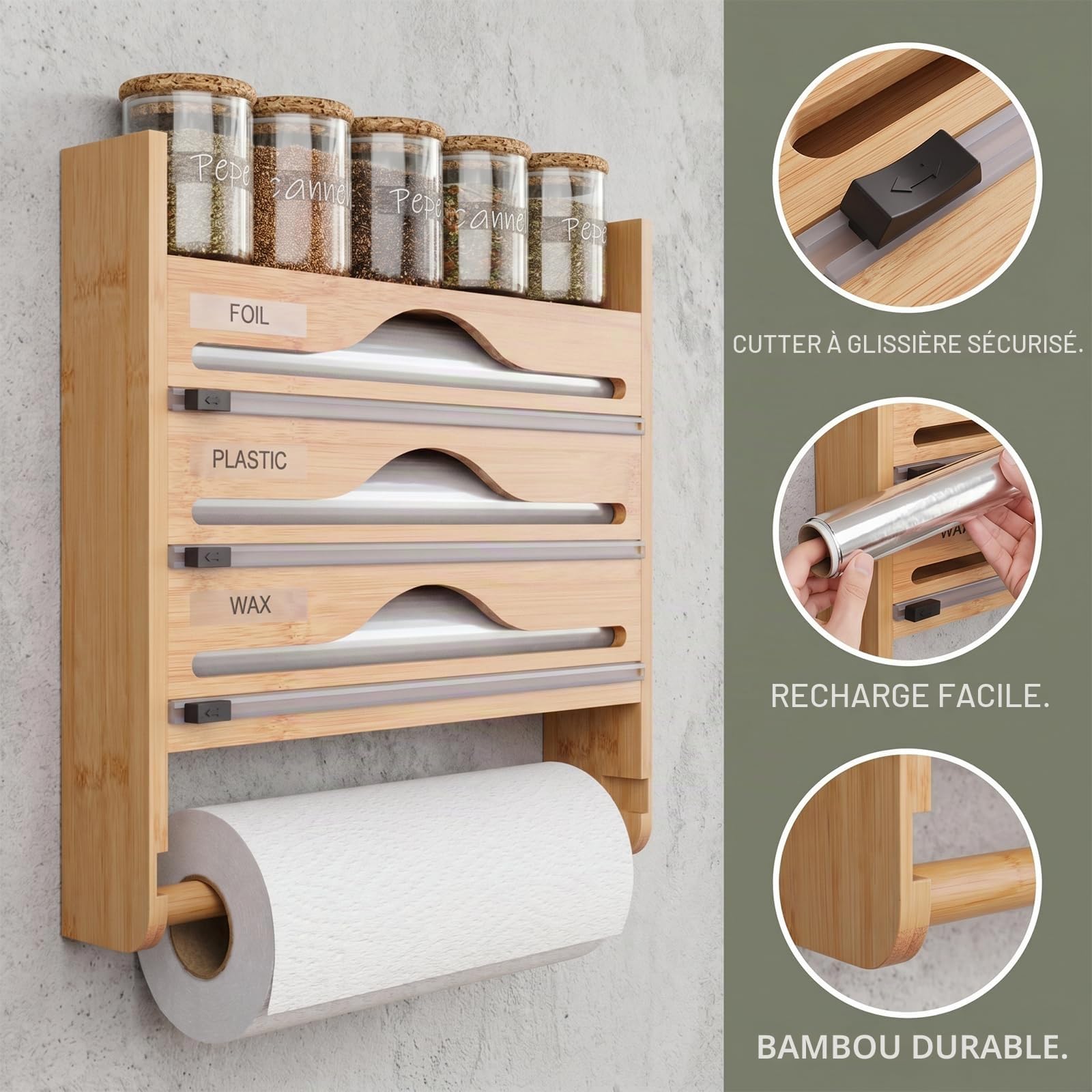Distributeur Papier Aluminium et Film Alimentaire Mural 5 en 1 | Porte-Rouleau Cuisine Bambou avec Coupe-Film, Support Essuie-Tout & Épices, sans Perçage