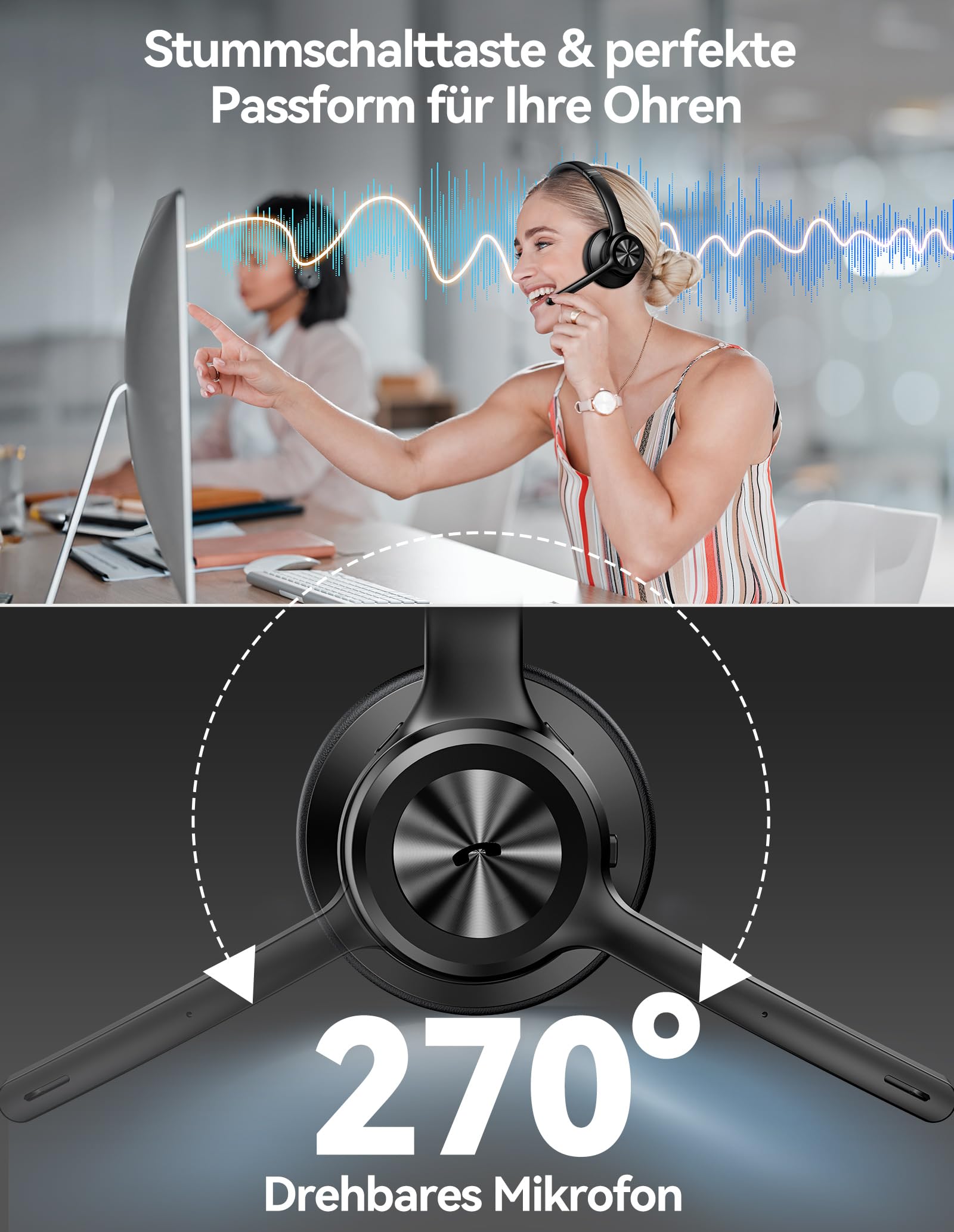 TECKNET V5.2 Bluetooth Headset mit Mikrofon, Wireless Headset mit Noise Cancelling und Stummschaltung Mikrofon, Wiederaufladbar On-Ear Kopfhörer kabellos für Trucker/Callcenter/Büro - 50+ Std. Akku