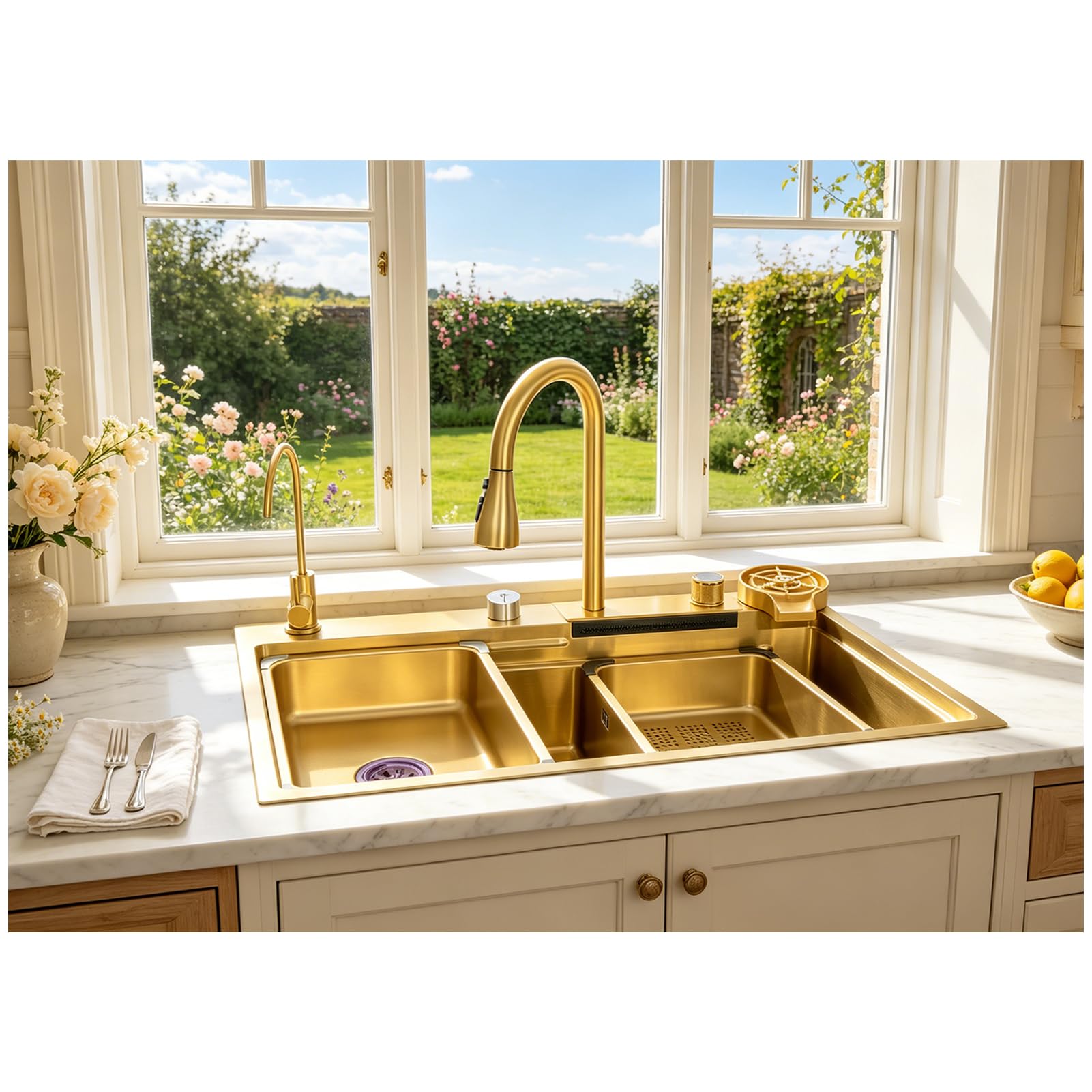 Fregadero de cocina efecto oro, 75 x 50 cm, en acero inoxidable antióxido, grifo extraíble, fregadero multifunción de montaje bajo con función de cascada, juego completo