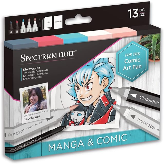 Premium Adult Colouring & Art Sets - Complete Kit Includes Alcohol Ink Colouring Pens, Art Liners, Printed Art Sheets & How to Guide by Pro Artist - Manga & Comic Discovery Kit By Spectrum Noir