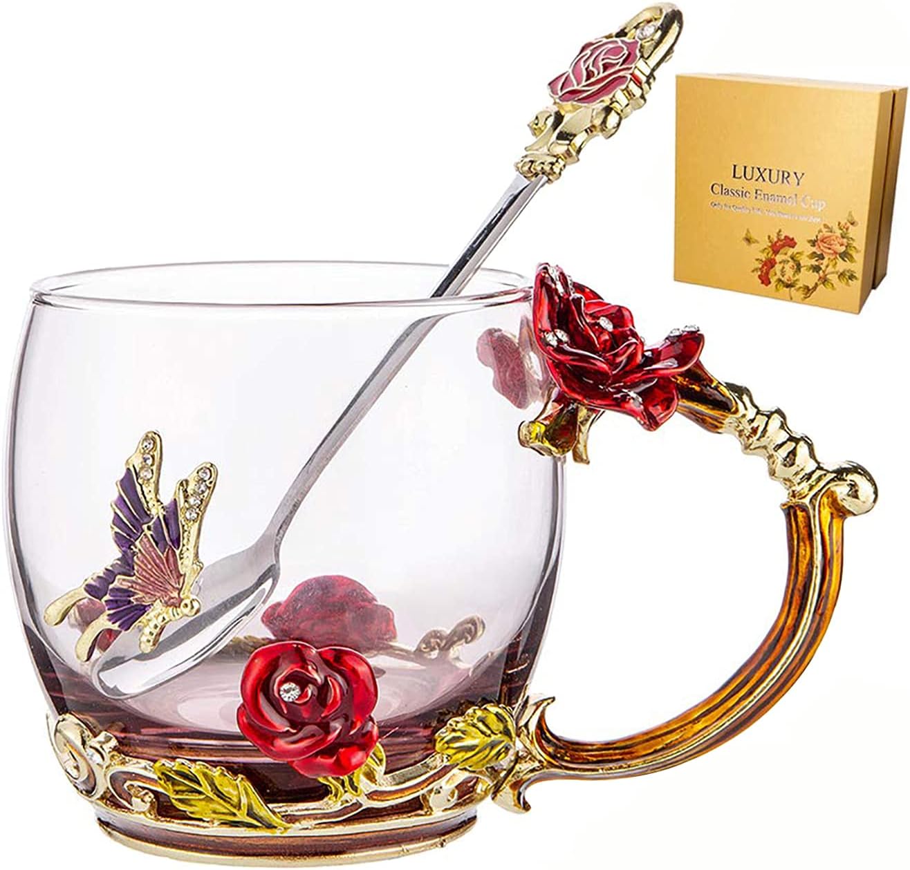 Weierken Tea Cup Coffee Mug Cups, Mother's Day Gifts, Hand Blown Crystal Glass Coffee Cup 11 oz Ideal for Friend Wedding Anniversary Christmas New Year Thanksgiving Birthday Presents