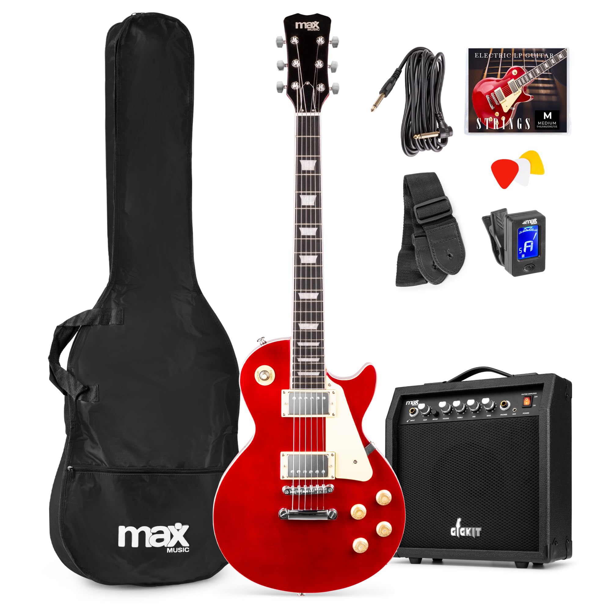 Max GigKit SC E Gitarre, E Gitarren Set mit Gitarrenverstärker, Tasche, Plektrum, Stimmgerät, Instrumentenkabel, Ersatzsaiten, Gitarrengurt, 22 Bünde - Rot