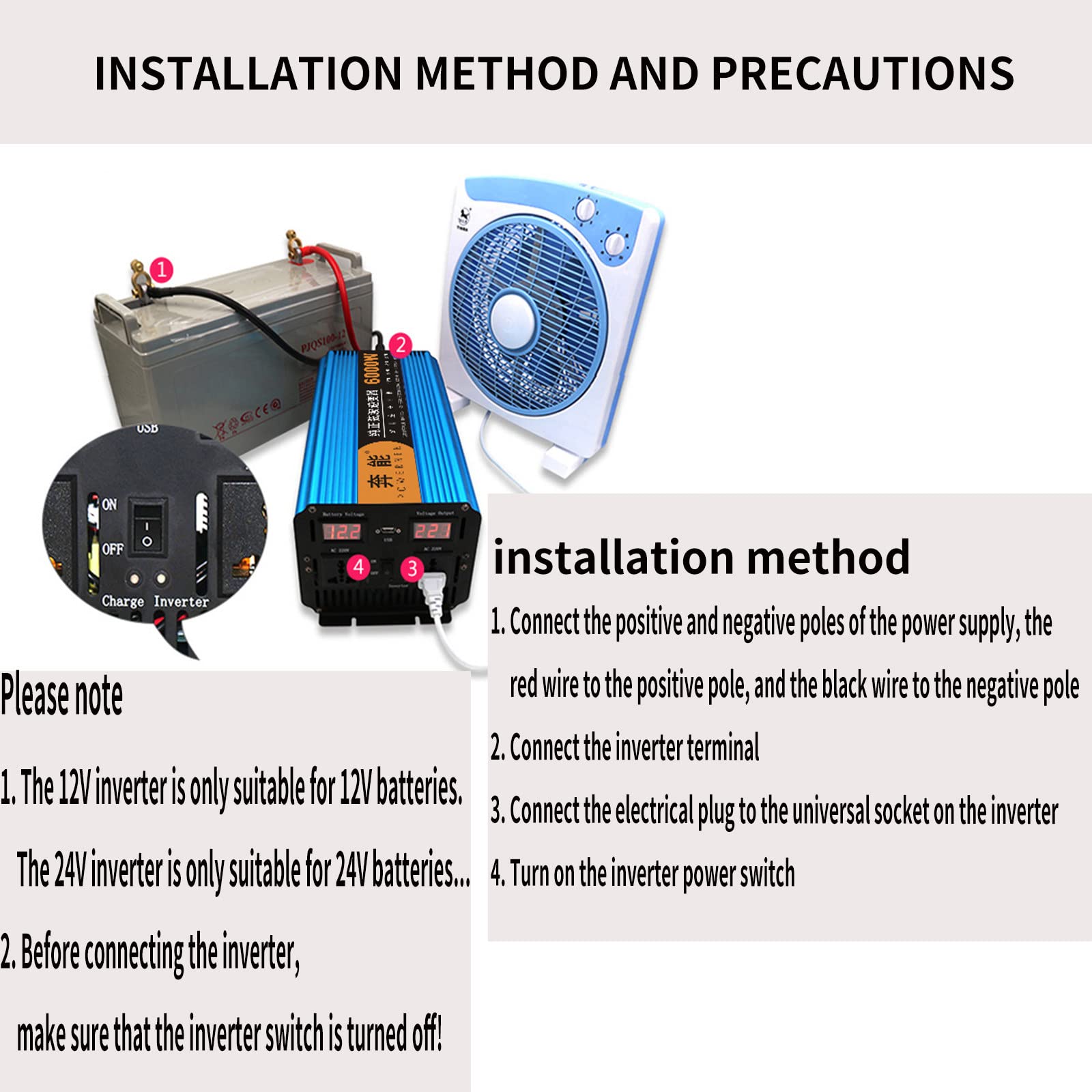 Przetwornica napięcia, 4000 W (Peak 8000 W), falownik samochodowy, generator prądu awaryjnego do użytku na zewnątrz, z 2 wielofunkcyjnymi gniazdami, 1 portem USB i 1 bezprzewodowym pilotem zdalnego