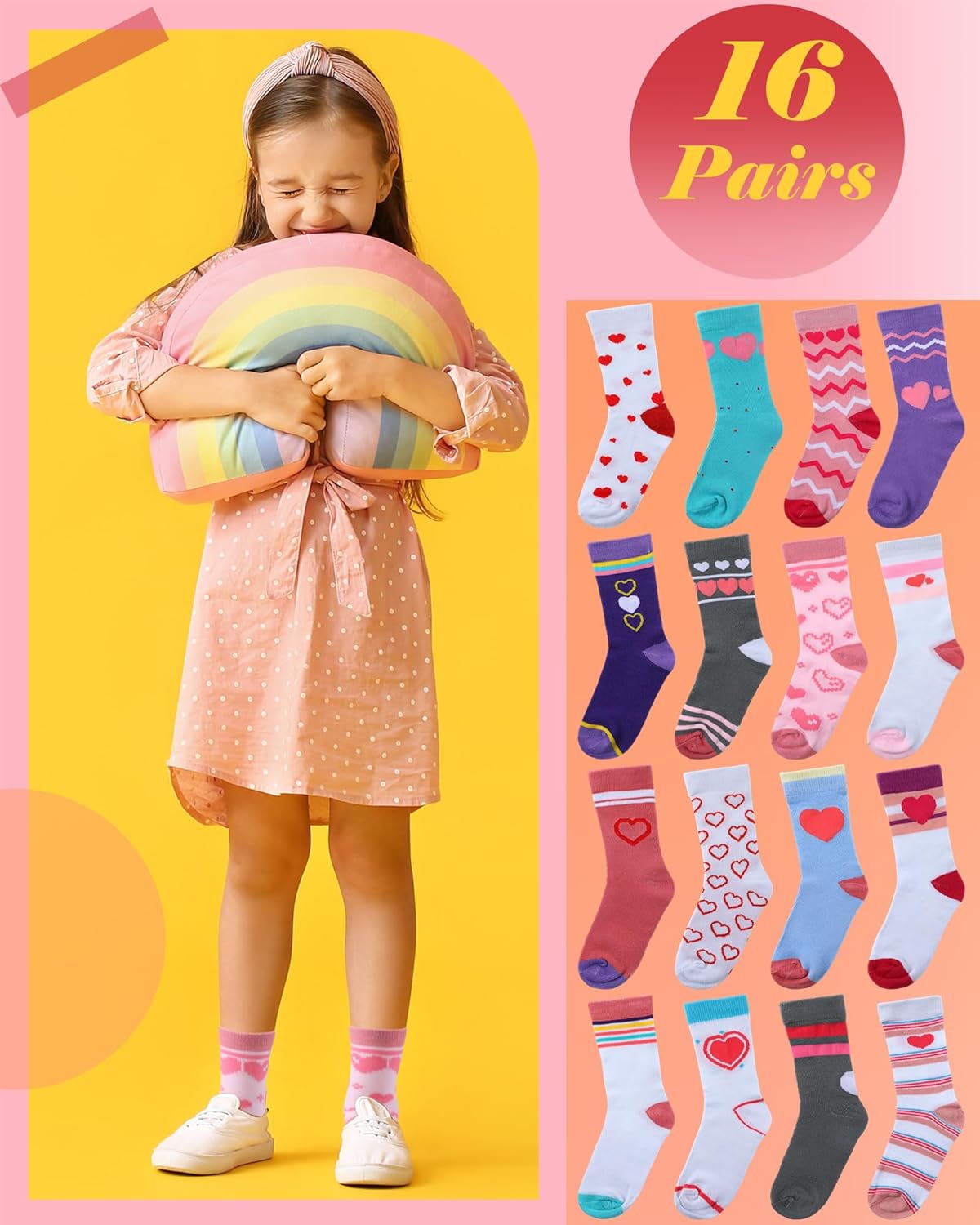 16 Pair Valentines Day Socks for Kids Girl Cotton Crew Heart Sock with Stripe Age 6-10 Soft Casual Sock Gifts - Image 2
