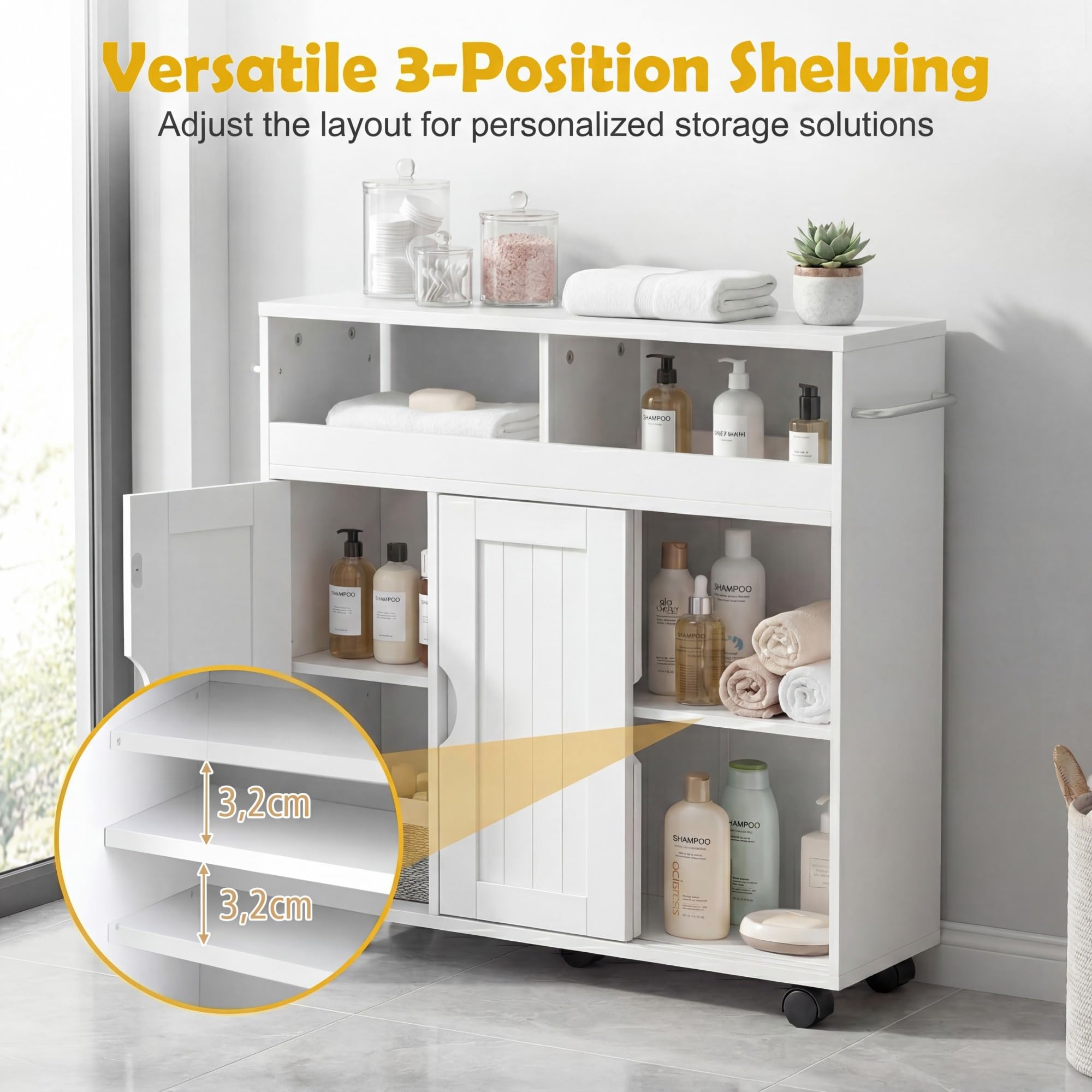 LIFEZEAL Nischenschrank, Badezimmerschrank schmal mit offenen Ablagen, Schrank & Schiebetüren, Nischenwagen mit verstellbarem Einlegeboden, Badrollwagen für Bad, Küche, 75 x 20 x 72 cm, Weiß