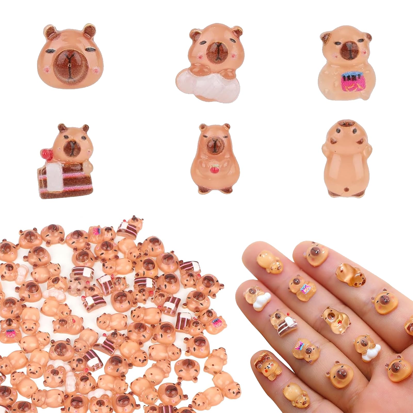 200 Pcs Mini Resin Animals Capybara 6 Styles Tiny Capybaras Miniatures Resin Animals Mini Capybara Figures for DIY Crafting Micro Landscaping Fairy Gardens Dollhouse Miniatures Decor Nail Accessories