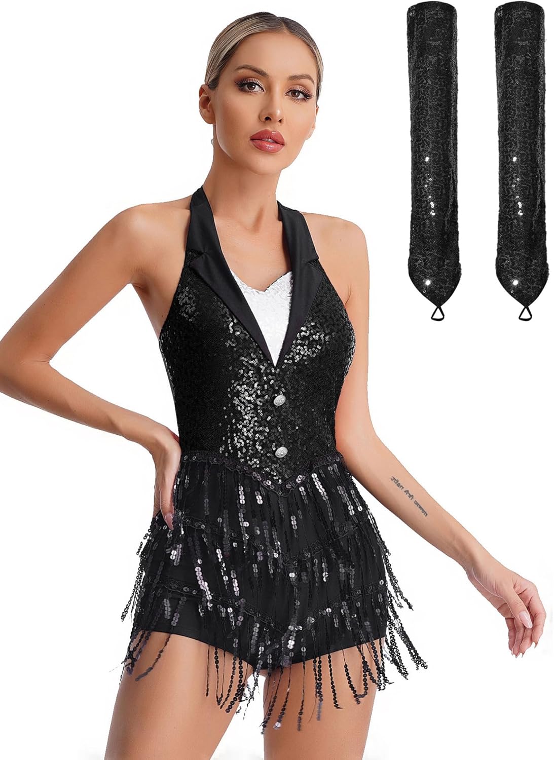 Linjinx Women's Modern Jazz Latin Dance Costume Sequins Leotard Ballroom Dance Dress with Gloves