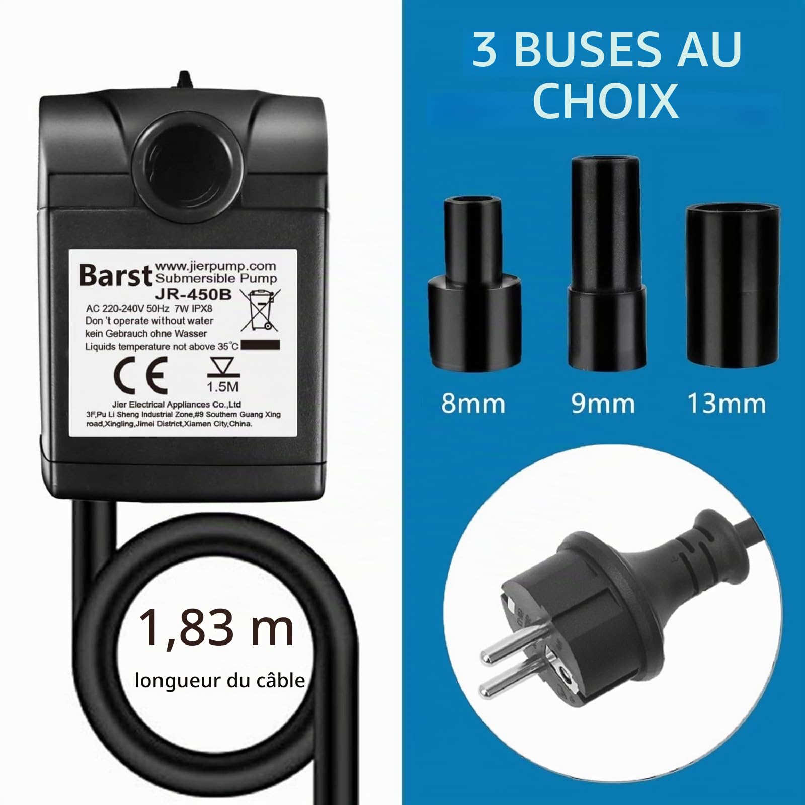 Pompe à Eau Submersible 450L/H avec Cable 1,83m & 3 Nozzles | 7W, Réglable Ultra Silencieux pour Fontaine de Jardin, Piscine, Aquarium, Bassin Poisson, Hydroponique