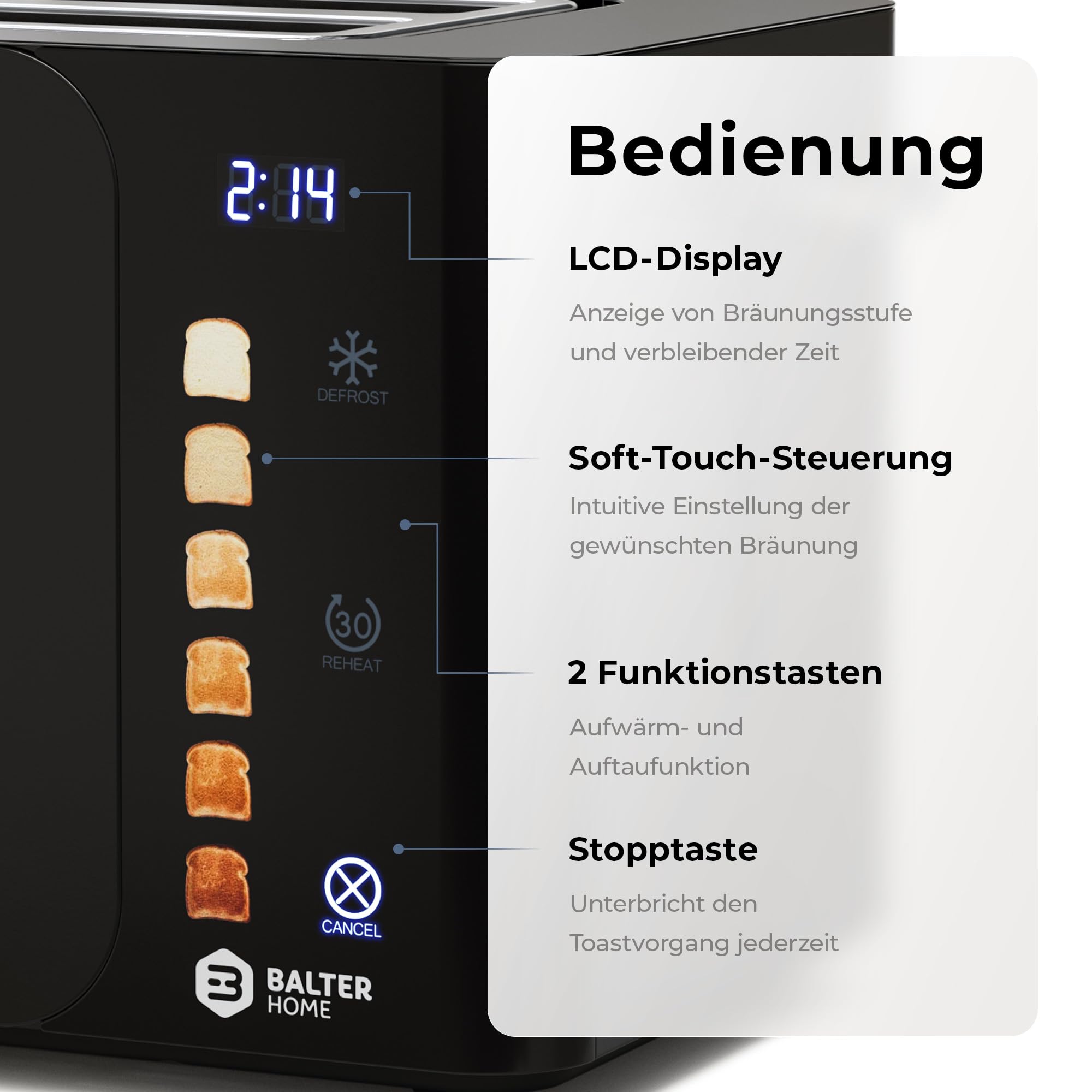 Balter Toaster 4 Scheiben, Touch Bedienung, Langschlitz, Edelstahl, Brötchenaufsatz, LCD Display Langschlitztoaster, Auftaufunktion, Brotzentrierung, TS-44 Schwarz matt