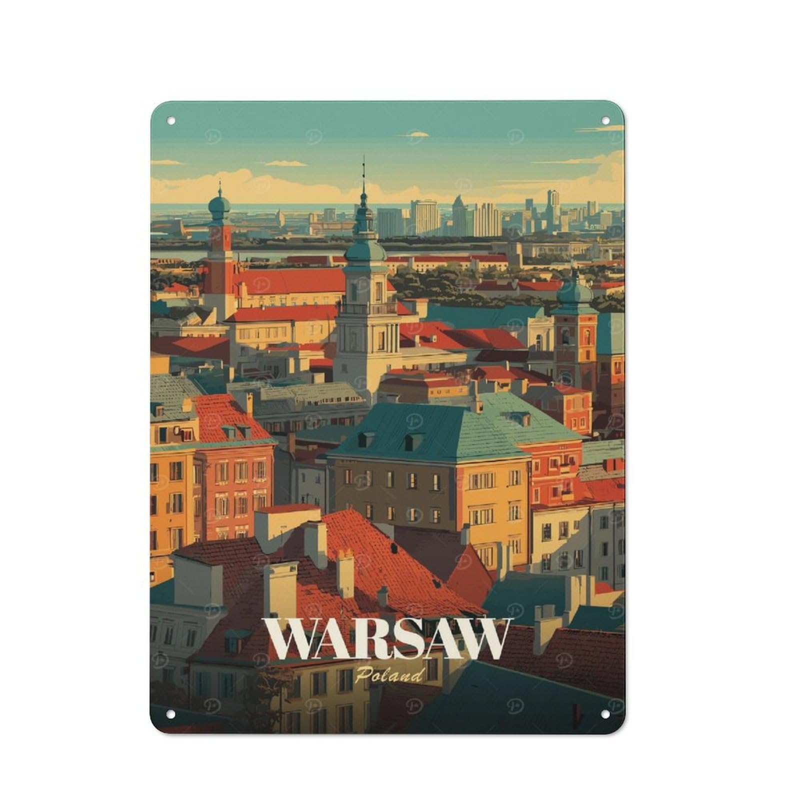 Junmoney Style-6 Tin Wall Plaque 40X30cm With Warsaw, Poland Cityscape Illustration For Home Office Or Studio, New Home Wall Decor For Home Office Decor Fans
