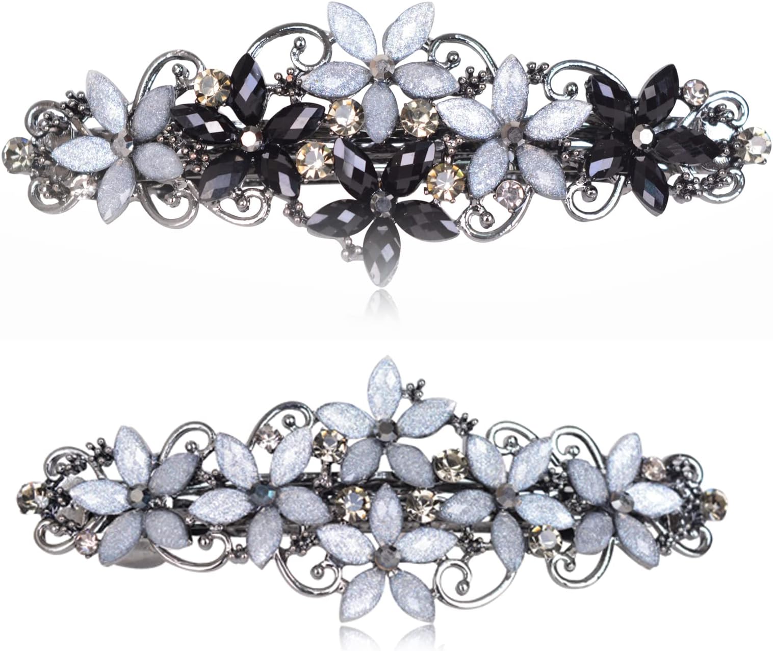 Bleiou 2 Pack Vintage Flower Design Rhinestone Hair Barrette Clip Luxury Flower Hair Barettes for Women Girls (Black Grey & Grey)