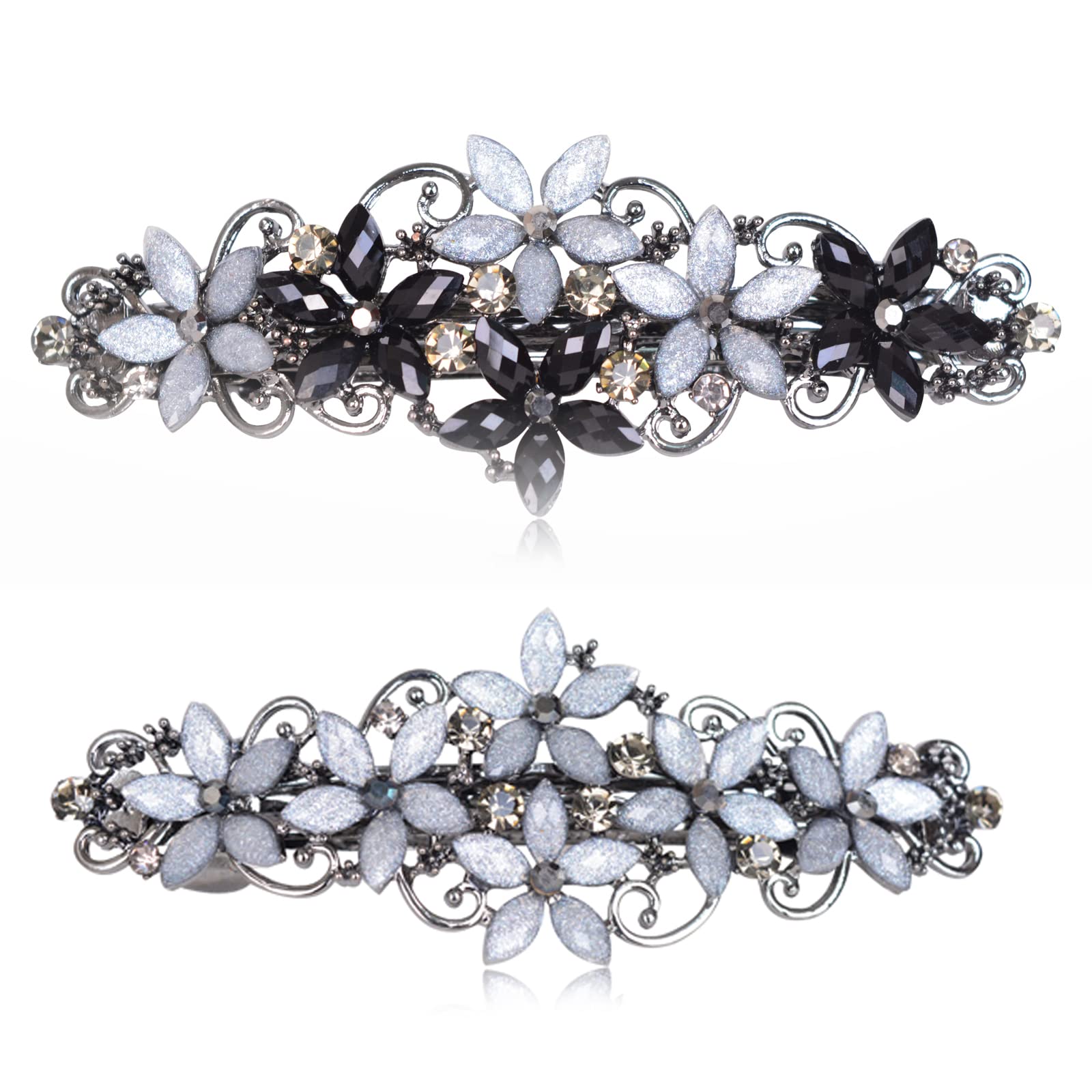 Bleiou 2 Pack Vintage Flower Design Rhinestone Hair Barrette Clip Luxury Flower Hair Barettes for Women Girls (Black Grey & Grey)