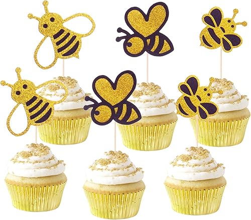 ALISSAR Paquete de 30 adornos para cupcakes de abejorro con purpurina, para revelación de género de abejorros para baby shower, fiesta de