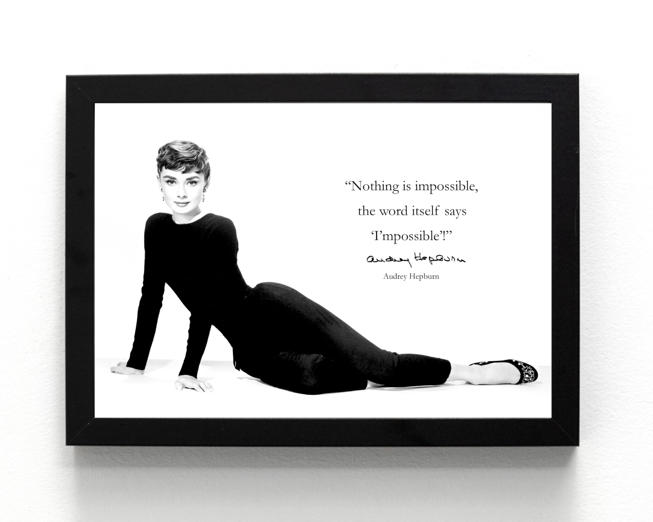 A5 framed I'mpossible Audrey Hepburn Quote, Black & White humorous wall art print, suitable for smaller places, study, home office, lightweight gift idea, frame 21 x 16 cm