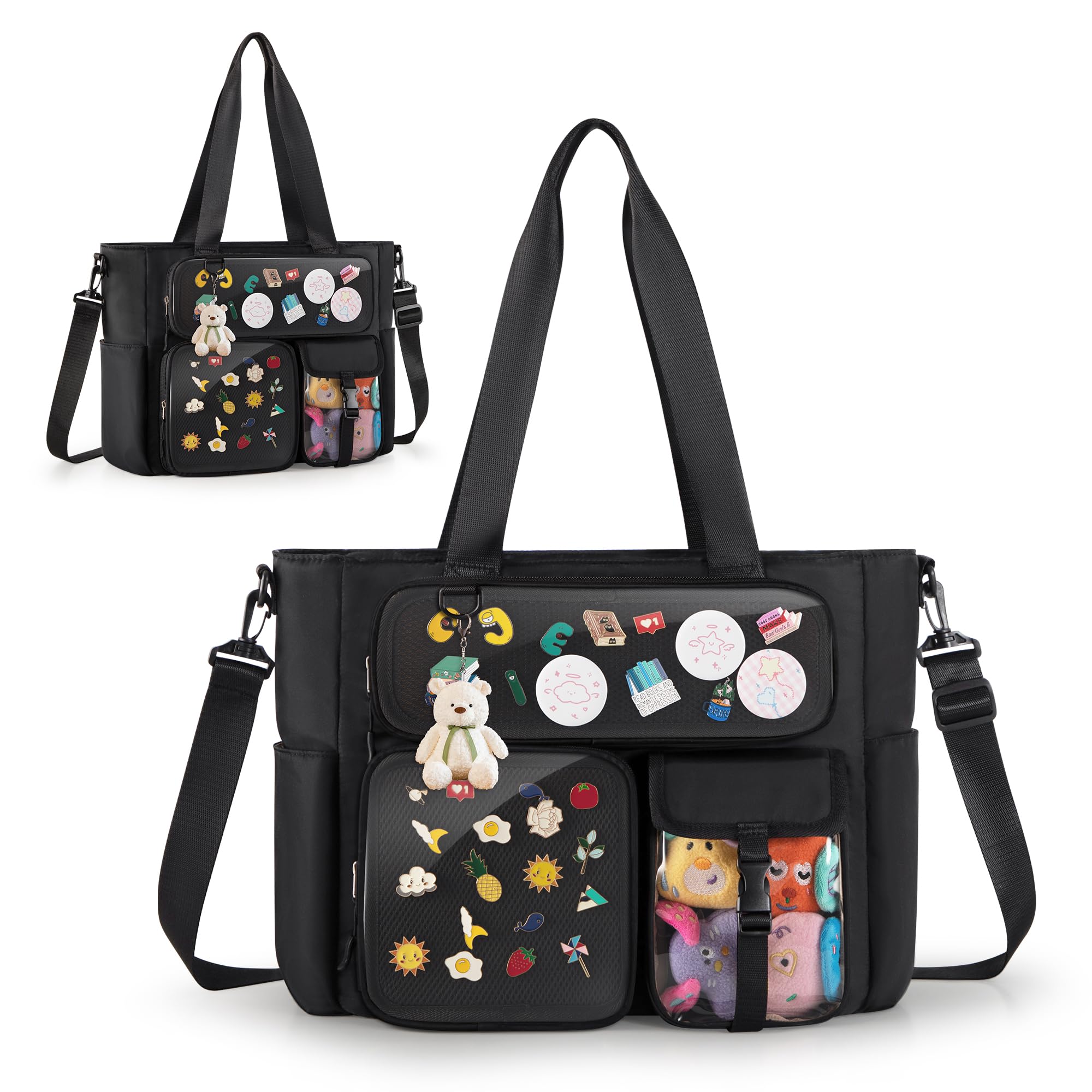 Große Ita Tasche mit 3 Fächern & 2 Einlagen Kawaii Ita Tragetasche zur Pin-Präsentation für Anime & K-Pop Fans, Vielseitige Umhängetasche, Schwarz (Pins NICHT Enthalten)
