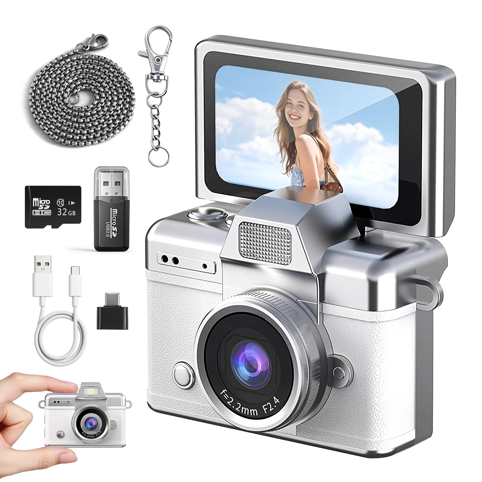 Mini Keychain Camera 4K 1080P HD Video Ultra-Compact Retro Digital Camera with 32GB SD Card USB Card Reader Adapter Portable Tiny Camera for Travel,Study,Daily Vlogging（White）-picture-21