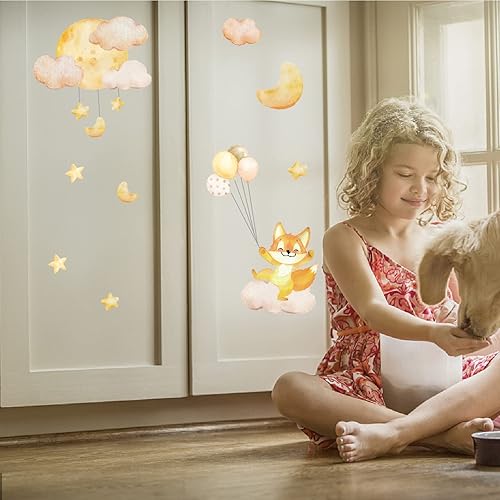 Miniatura 5 de SUPERDANT Calcomanías de pared de zorro y luna, calcomanías de pared de animales lindos de vinilo para captura de zorros, decoración de arte para