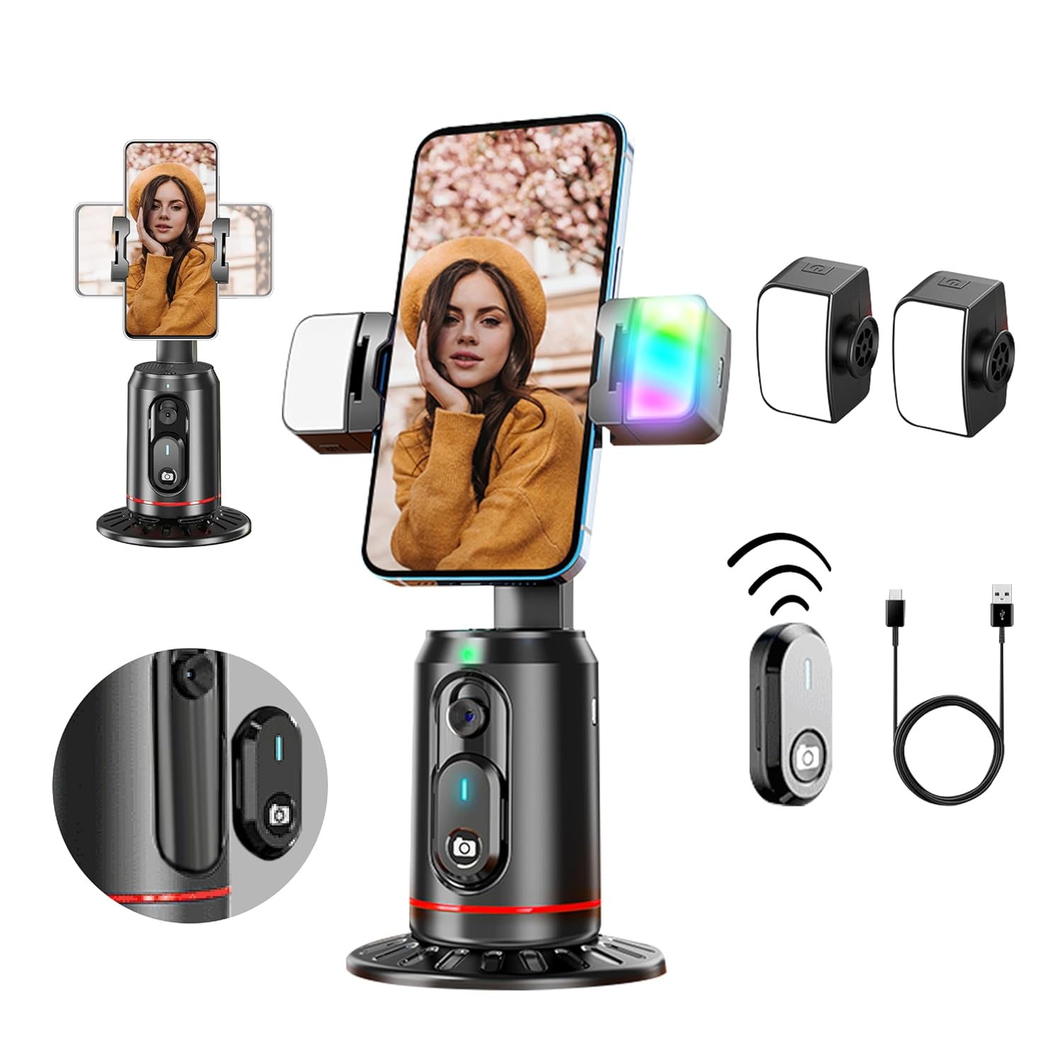 Dravina Al Face Tracking Phone Holder, 360° Rotation Face Body| Gesture Control Tripod Smart Shooting Camera Mount with Remote. No App Required| Rechargeable Battery & 2 Led Color Changing Light Dravina Al Face Tracking Phone Holder, 360° Rotation Face Body| Gesture Control Tripod Smart Shooting Camera Mount with Remote. No App Required| Rechargeable Battery & 2 Led Color Changing Light