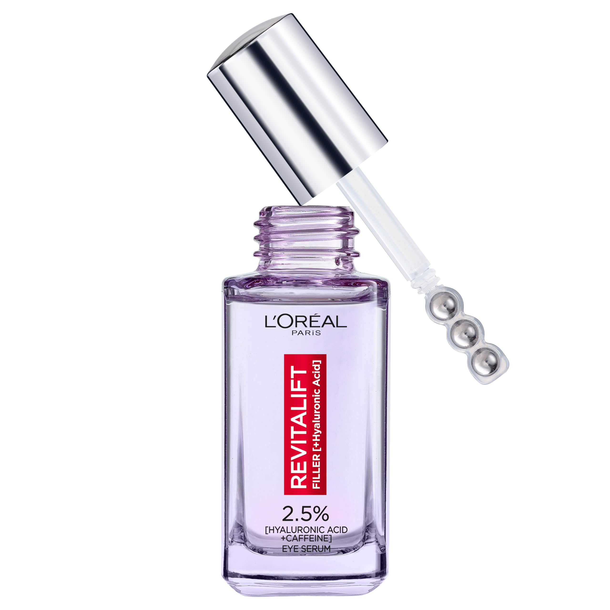 L'Oréal Paris Revitalift Hyaluronic Acid Eye Serum, 2.5% Hyaluronic Acid and Caffeine, Cooling triple bead applicator, Visibly Replumps, Brightens and De-Puffs Eyes, Validated by Dermatologists – 20ml