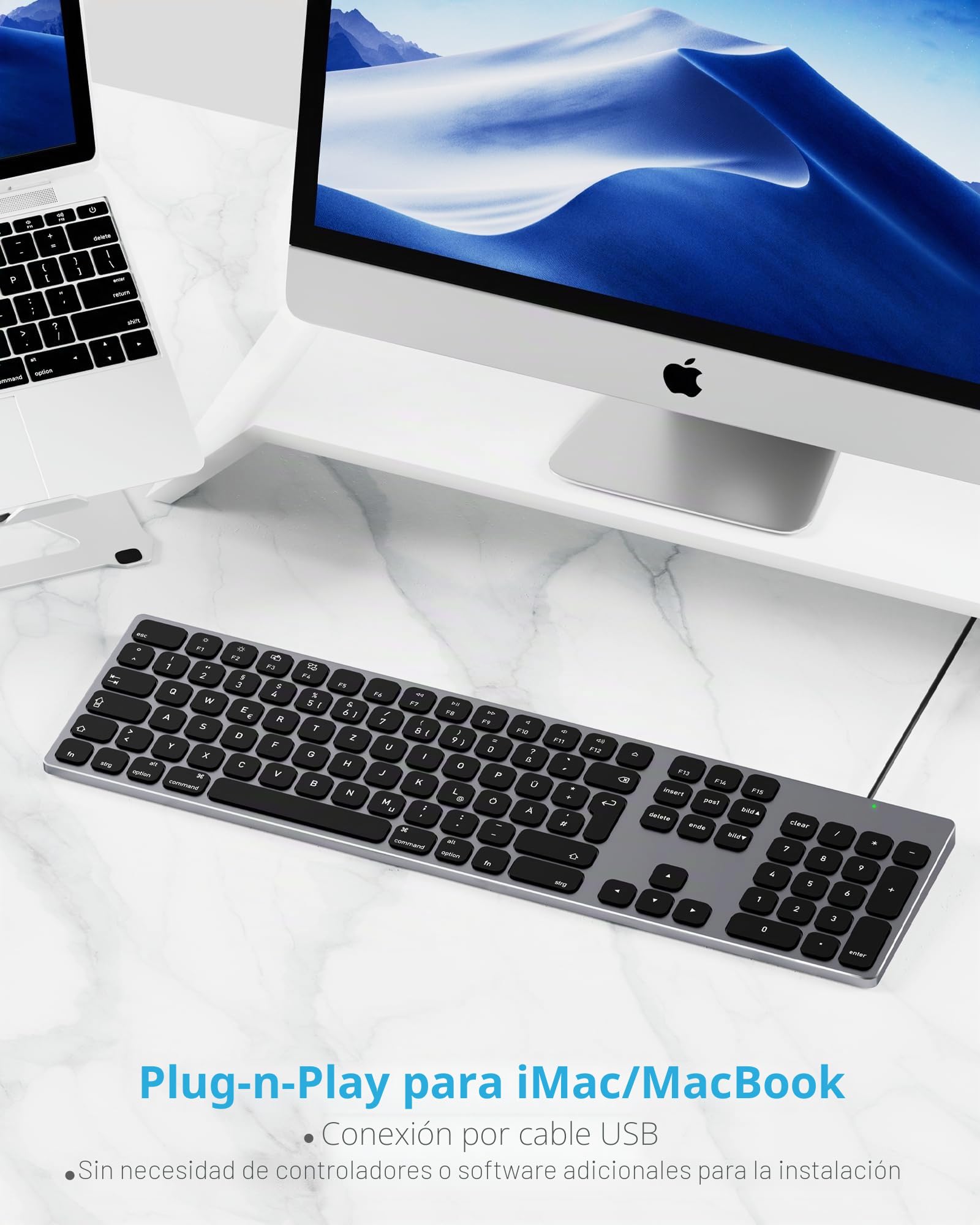 Teclado con cable de aluminio para Apple Mac OS: puerto USB/USB-C, Plug and Play, completo, delgado y duradero con teclado numérico para iMac, Mac mini o MacBook, color gris