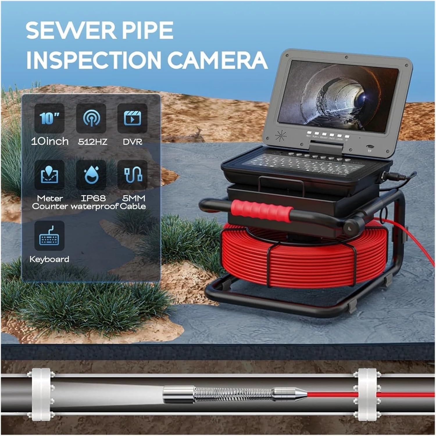 Drain Inspection Camera 10" Sewer Pipe Inspection Camera with 16G Video Card Meter Counter Keyboard Sewer Drain 1080P HD IP68 Industrial Endoscope 17MM
