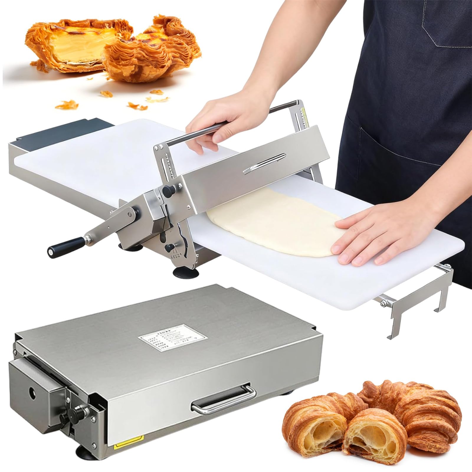 Laminoir à Pâte Pliable avec Planche à Laminer, Machine Manuelle en Acier Inoxydable avec épaisseur Réglable, pour Croissants, Pizzas et Pâtisseries A400