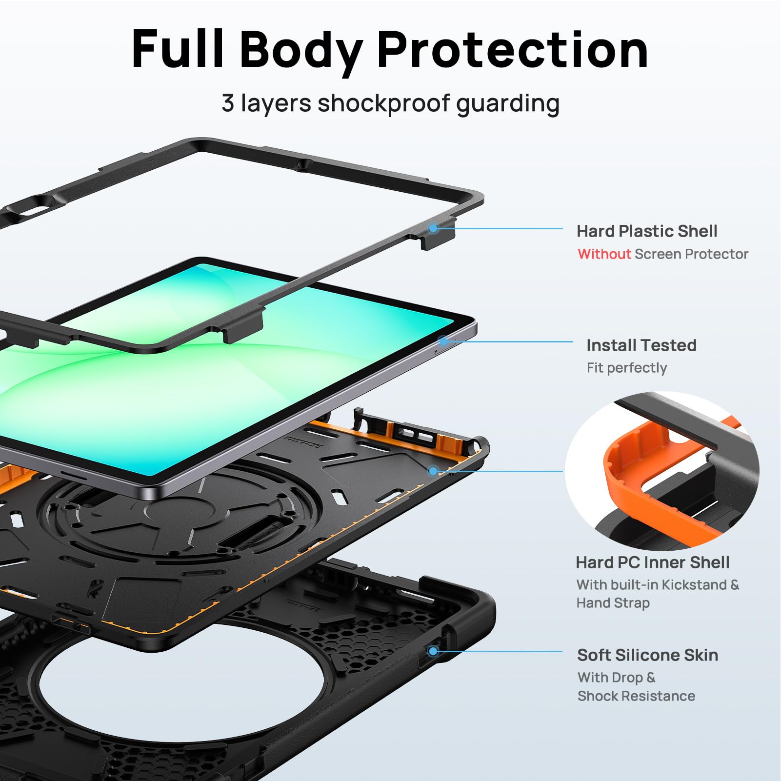 Gerutek Coque Antichoc pour Samsung Galaxy Tab A11 Plus 11" 2025, (SM-X230/X235/X236B), Étui Robuste avec Support Rotatif, Dragonne et Bandoulière, Porte-Stylo, Housse pour Galaxy Tab A11+ Plus, Noir