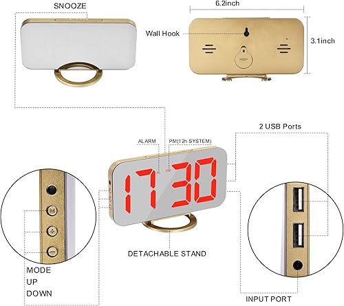 Miniatura 4 de SZELAM Reloj despertador digital, reloj electrónico LED y espejo de 6.5 pulgadas, con puertos USB duales, respaldo de batería, atenuador automático,