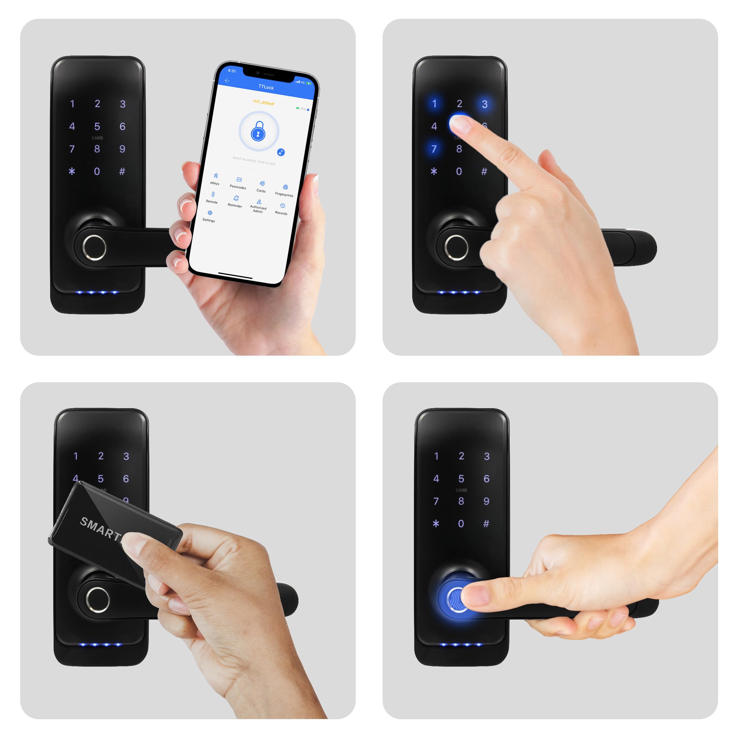 EURA ELH-01H4 Serrure de porte intelligente avec poignée, serrure à code, lecteur de proximité 13,56 MHz, lecteur biométrique, application TTLock/TTHotel, IP65, distance universelle des verrous, noir