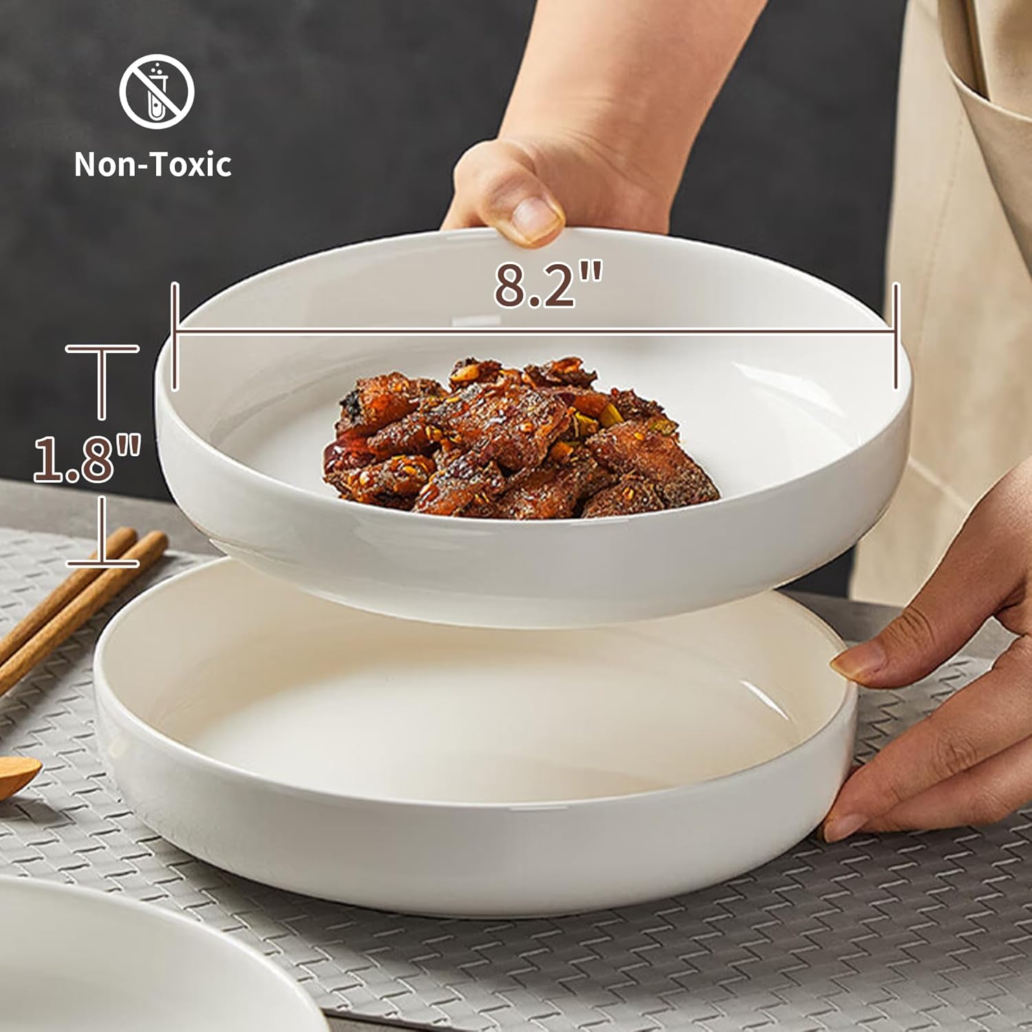 4 Pack Large Ceramic Pasta Bowls, Salad Bowls, Deep Plates, for Serving Soup, Pasta, Noodle, Compact Stack Bowl Set, Microwave and Dishwasher Safe, 8 Inch, White - Image 2