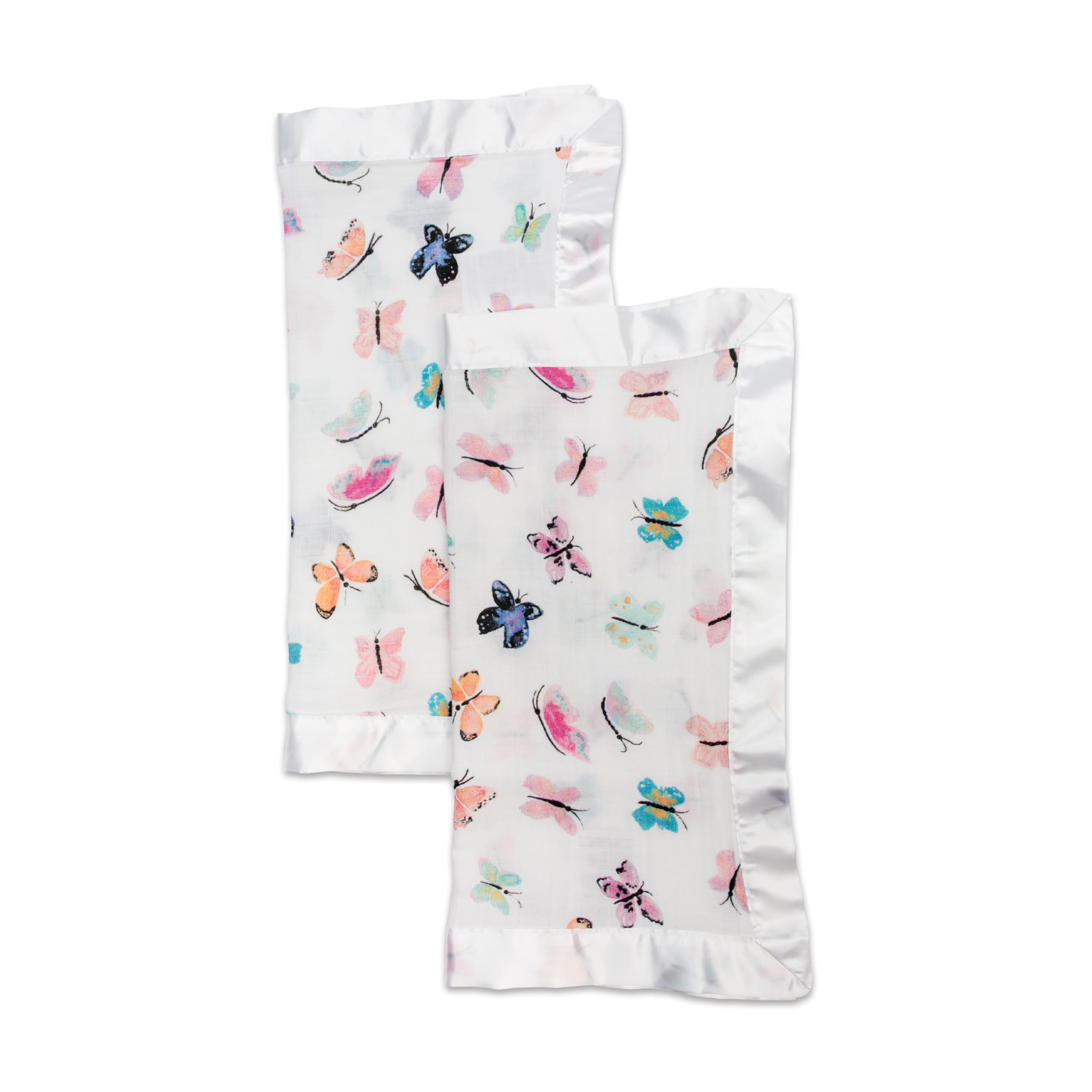 lulujo Baby Security Lovey Blankets| Unisex Softest Breathable Cotton Muslin Security Blanket with Silky Satin Trim| 16in by 16 in| Butterfly, 2 Count