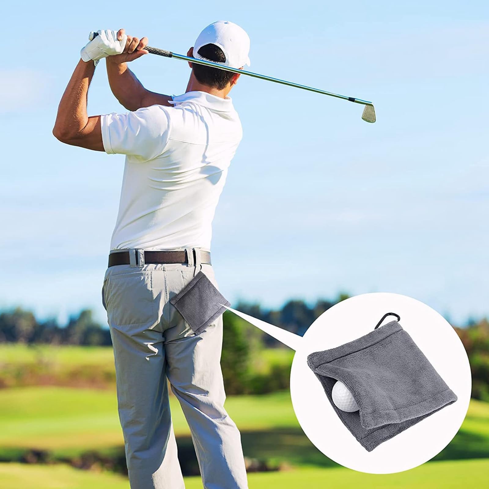 Eldtec Ręcznik do czyszczenia piłek golfowych, 2 szt. ręcznik golfowy z mikrofibry dla płazów na mokro i sucho z karabińczykiem, 14 x 14 cm, czarny i szary
