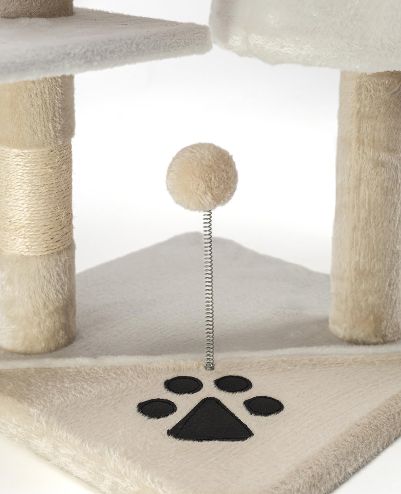 lionto krabpaal voor katten met 2 pluche ballen & speeltouw, hoogte 112 cm, kattenboom met sisaltouw & pluche, comfortabele ligplaats & hol, geschikt voor kleine & grote katten, beige/wit