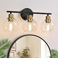 Vista 13 de Lámparas de baño de 3 luces, luces de tocador modernas de oro cepillado sobre espejo con pantalla de globo de vidrio transparente, apliques de pared