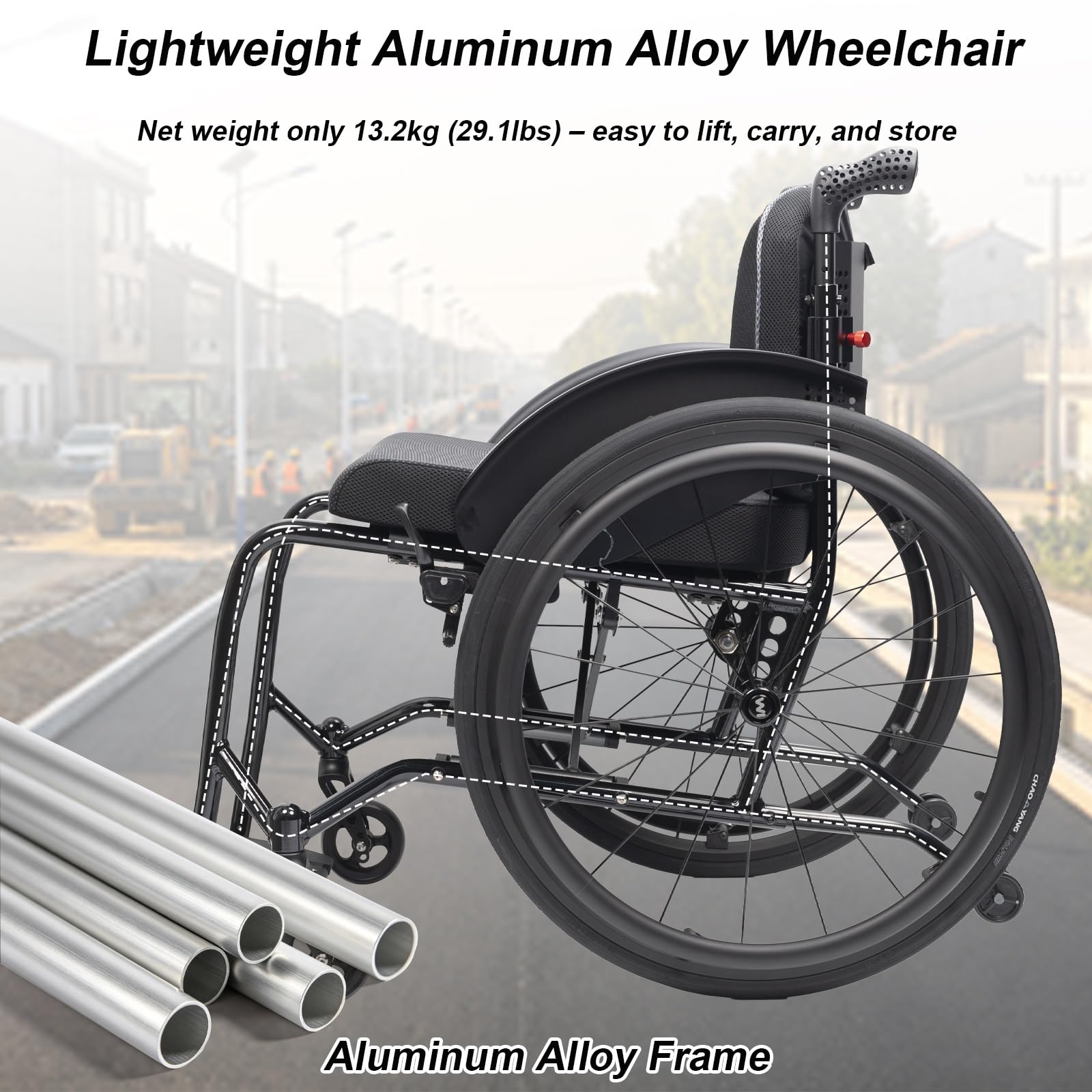 Silla de ruedas plegable aluminio,de aluminio para viajes,Autopropulsable | Ligera, for Adultos,Transporte, de tránsito, Reposapiés extraíbles,Frenos de mano, for Exterior(44cm/17.3in Seat)