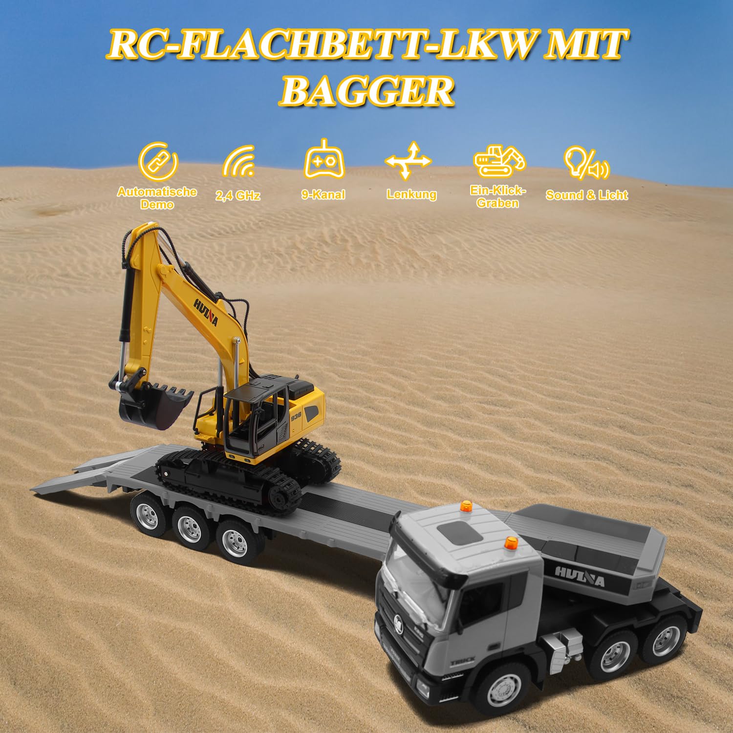 fisca RC Semi LKW und Bagger Spielzeug, 2.4Ghz Ferngesteuerter Pritschenwagen und Bagger Spielzeug, 1:24 RC Sattelzugmaschine mit Sound und Lichtern Geeignet für Baufahrzeuge für Jungen
