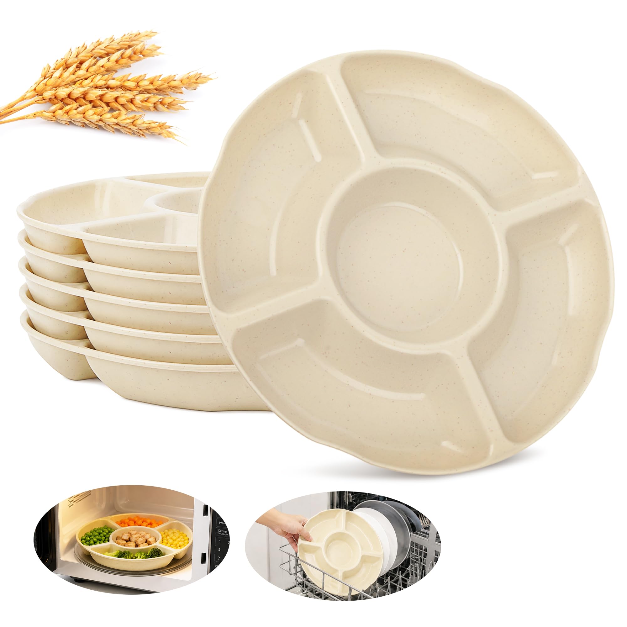 YiyouYi 6 Pack Compartment Trays with 5 Sections, Round Snack Plate Stackable and Non-Slip, Snack Platter Microwave/Dishwasher/Reusable for Camping, Picnic, Kitchen, BBQ, Party (23 x 23 x 2.7 cm)