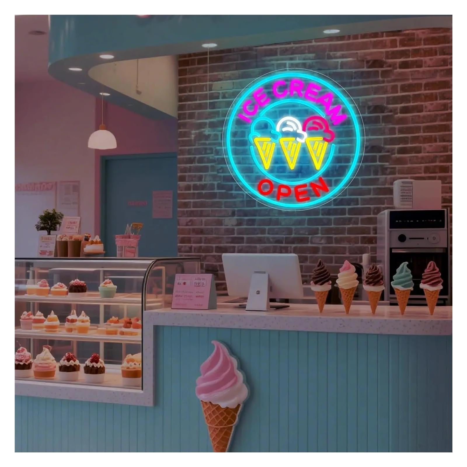 Luces de neón Letrero De Neón Ice Cream Open Con Luz LED Regulable Para Restaurante Bar Dormitorio De Chicas Cafetería Heladería Tienda Decoración 43.55cmx43.55cm