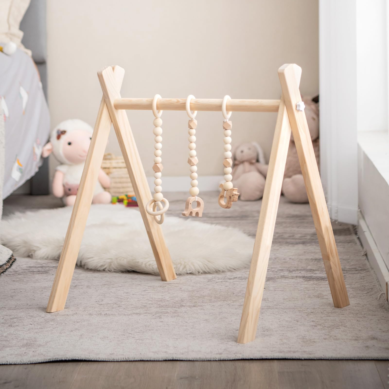 COSTWAY Gimnasio para Bebé de Madera Centro de Actividade con Juguete de Más de 3 Meses, Arco Plegable de Madera para Bebé con 3 Juguetes Extraíbles para Niños (Natural)