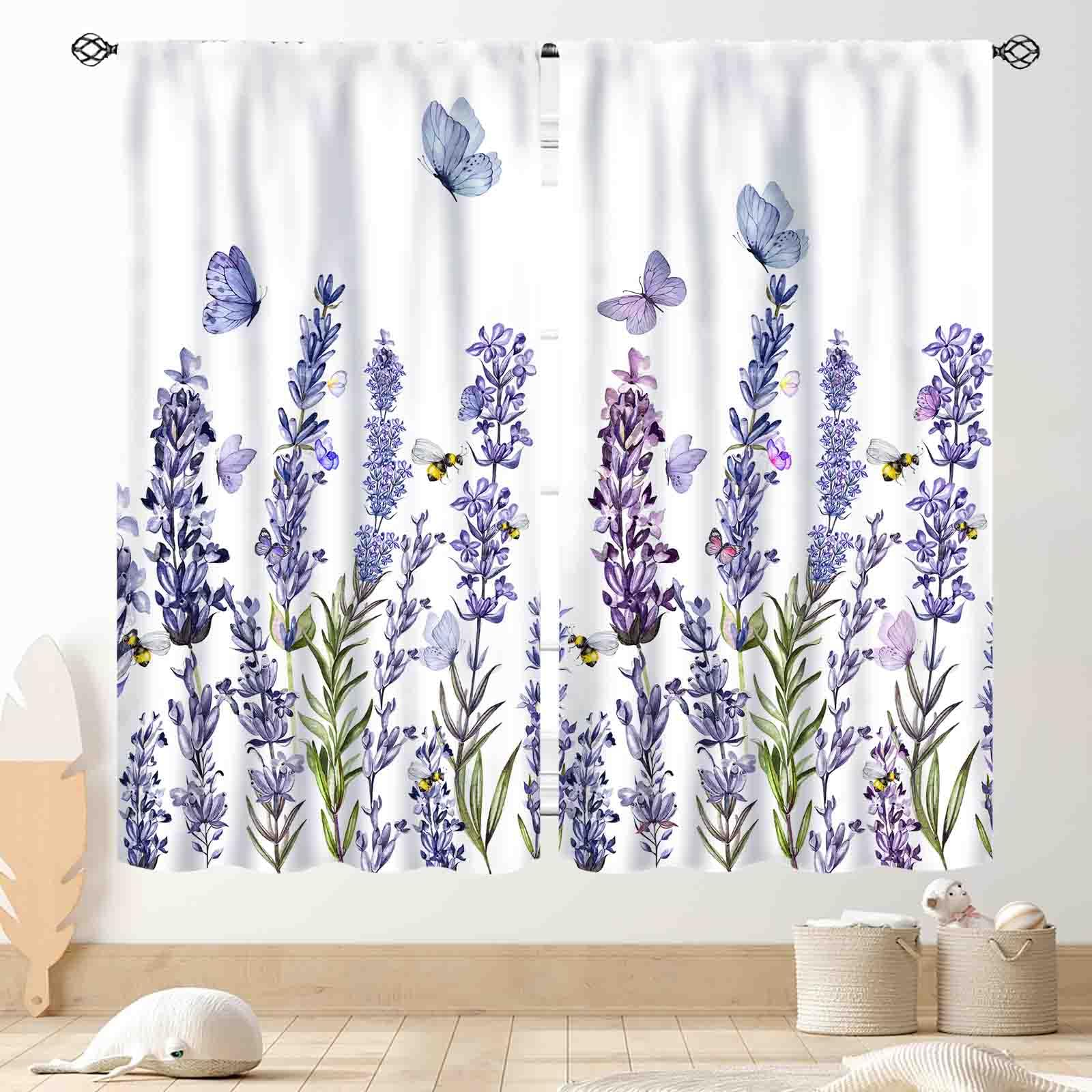 Cortinas florales de lavanda, flores silvestres moradas, primavera, sol, lila, plantas botánicas, granja, campo, coloridas, cortinas de ventana para sala de estar, dormitorio, cocina, baño, 2