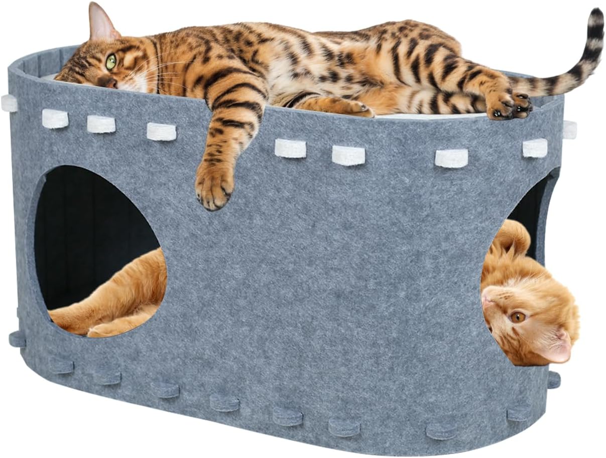 Cat Houses for Indoor Cats, Cozy Cat Beds for Indoor Cats,Cat Bed Cave, Felt Cat Cave Condo for Large Cats Up to 22 Lbs, Scratch Resistant Gray Hideaway (Grey, 22.5 * 12.9 * 11.8)